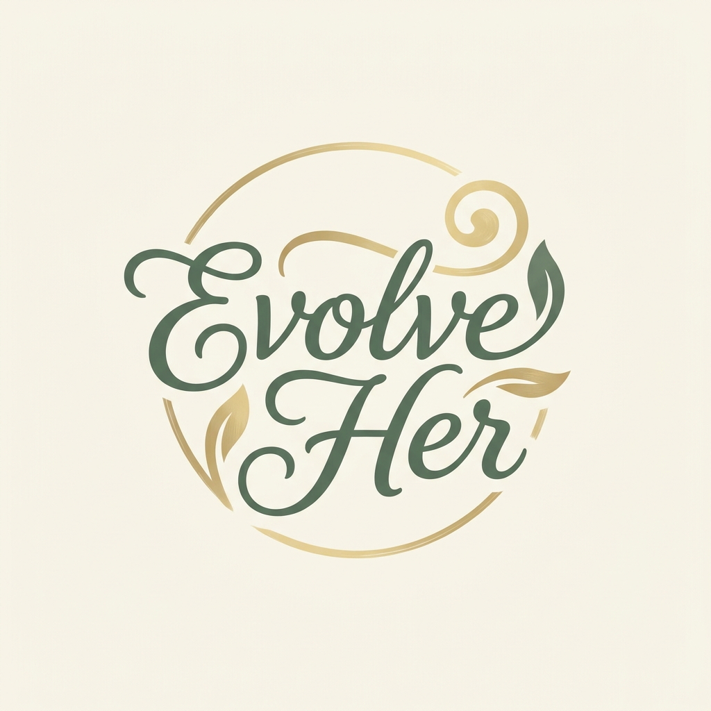 AI Design for A sophisticated and empowering minimalist logo for a brand named Evolve Her. The design features elegant, fluid typography that conveys transformation and growth, utilizing a refined color palette of deep sage green, soft gold, and cream. The composition should feel balanced and modern, evoking a sense of clarity, transition, and renewal for professional women.