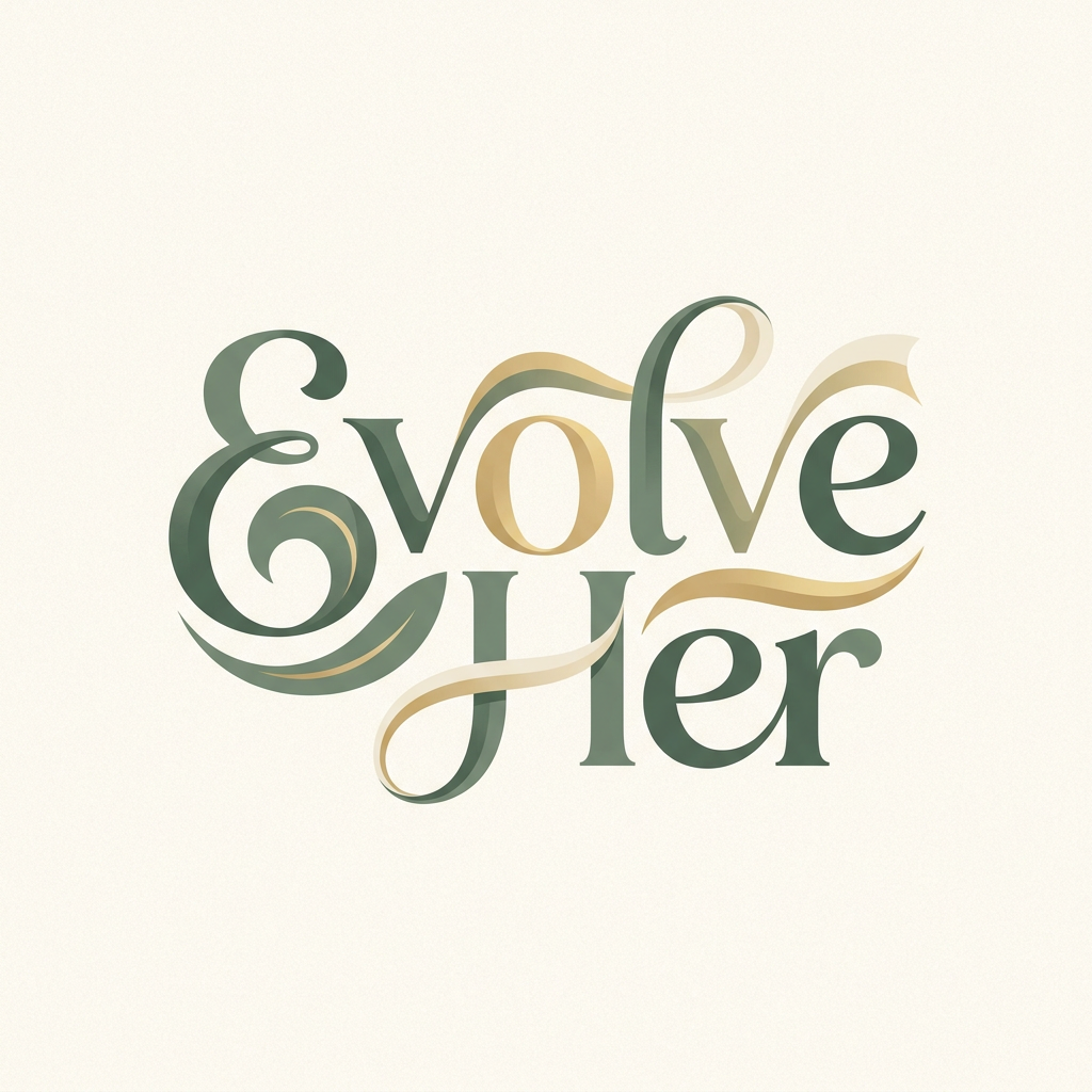 AI Design for A sophisticated and empowering minimalist logo for a brand named Evolve Her. The design features elegant, fluid typography that conveys transformation and growth, utilizing a refined color palette of deep sage green, soft gold, and cream. The composition should feel balanced and modern, evoking a sense of clarity, transition, and renewal for professional women.