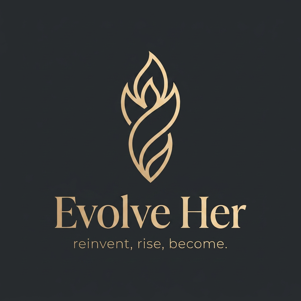 AI Design for Minimal luxury logo for a women's empowerment brand called "Evolve Her" with tagline "reinvent, rise, become." — Design a sophisticated wordmark-icon combination. The icon should feature an abstract, upward-spiraling form suggesting a woman in motion — like a blooming chrysalis, a rising flame, or a figure ascending — rendered in clean geometric lines. Typography: elegant serif or high-contrast modern typeface for "Evolve Her", with the tagline set in delicate thin lettering beneath. Color palette: deep charcoal or midnight black background with gold or warm champagne accent, OR off-white with rose gold. The overall aesthetic is editorial, refined, premium — think luxury fashion brand meets personal transformation. No literal depictions of people. Negative space used intentionally. Suitable for Instagram, brand kits, and print. Vector-clean style.