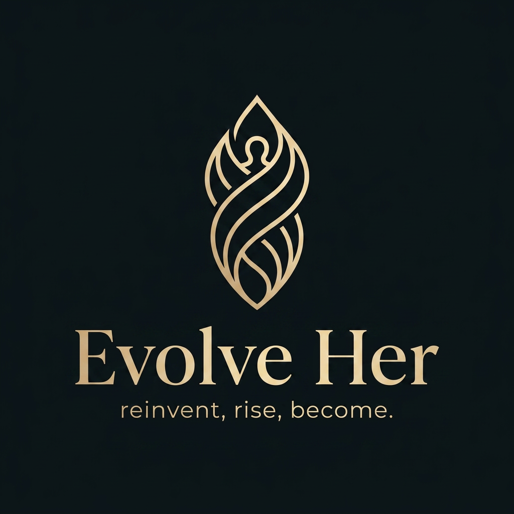 AI Design for Minimal luxury logo for a women's empowerment brand called "Evolve Her" with tagline "reinvent, rise, become." — Design a sophisticated wordmark-icon combination. The icon should feature an abstract, upward-spiraling form suggesting a woman in motion — like a blooming chrysalis, a rising flame, or a figure ascending — rendered in clean geometric lines. Typography: elegant serif or high-contrast modern typeface for "Evolve Her", with the tagline set in delicate thin lettering beneath. Color palette: deep charcoal or midnight black background with gold or warm champagne accent, OR off-white with rose gold. The overall aesthetic is editorial, refined, premium — think luxury fashion brand meets personal transformation. No literal depictions of people. Negative space used intentionally. Suitable for Instagram, brand kits, and print. Vector-clean style.