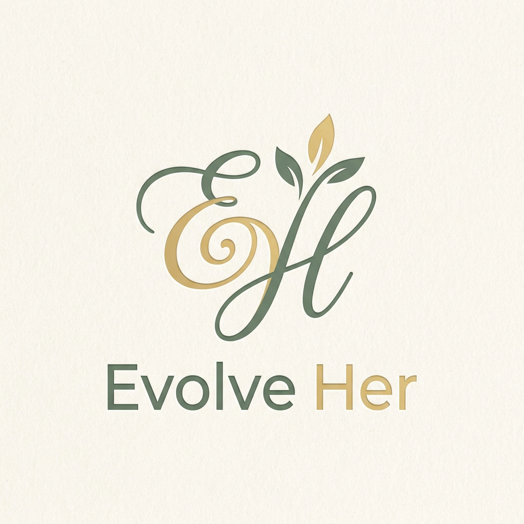 AI Design for A sophisticated and empowering minimalist logo for a brand named Evolve Her. The design features elegant, fluid typography that conveys transformation and growth, utilizing a refined color palette of deep sage green, soft gold, and cream. The composition should feel balanced and modern, evoking a sense of clarity, transition, and renewal for professional women.