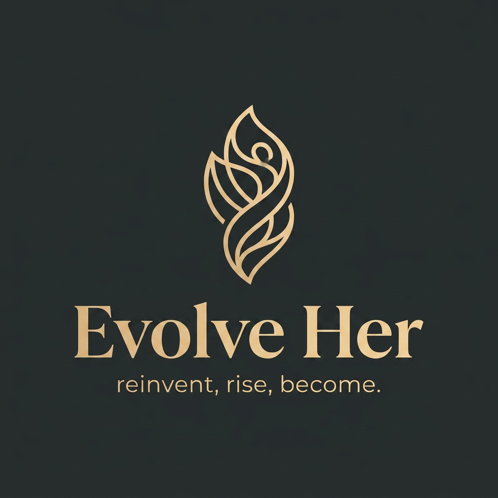 AI Design for Minimal luxury logo for a women's empowerment brand called "Evolve Her" with tagline "reinvent, rise, become." — Design a sophisticated wordmark-icon combination. The icon should feature an abstract, upward-spiraling form suggesting a woman in motion — like a blooming chrysalis, a rising flame, or a figure ascending — rendered in clean geometric lines. Typography: elegant serif or high-contrast modern typeface for "Evolve Her", with the tagline set in delicate thin lettering beneath. Color palette: deep charcoal or midnight black background with gold or warm champagne accent, OR off-white with rose gold. The overall aesthetic is editorial, refined, premium — think luxury fashion brand meets personal transformation. No literal depictions of people. Negative space used intentionally. Suitable for Instagram, brand kits, and print. Vector-clean style.