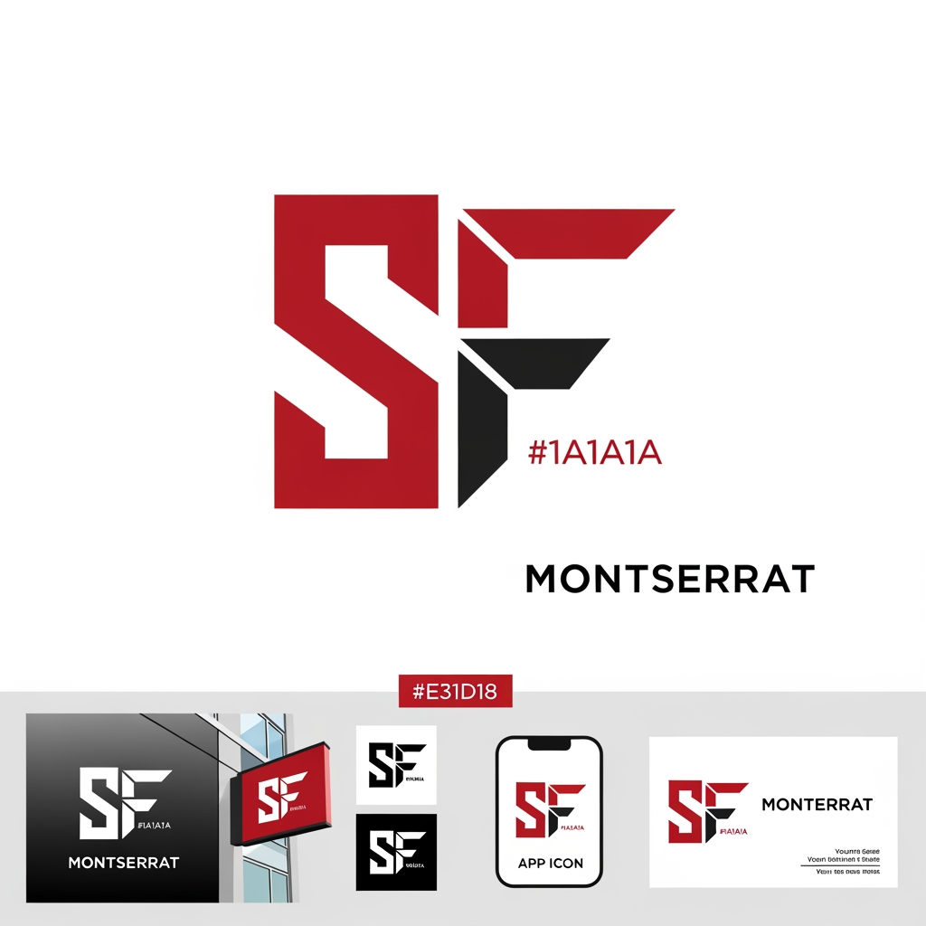 AI Design for Create a modern, minimal, and memorable logo icon by combining the letters "S" and "F" into a single geometric monogram. The design should feel premium, timeless, and highly recognizable. Avoid generic house roofs and obvious construction symbols. Instead, use clever negative space and architectural precision to subtly represent structure, stability, and craftsmanship.

The "S" should form the primary outer shape with smooth yet sharp transitions, while the "F" is seamlessly integrated within it using clean cuts and balanced proportions. The icon must be simple enough to work as an app icon, favicon, signage, helmets, vehicles, and business cards.

Design Characteristics:

Minimal and modern monogram
Sharp geometric edges with subtle rounded corners
Clever negative space integration
Architectural and luxury aesthetic
Symmetrical visual balance
Strong silhouette recognizable from a distance
No gradients, no unnecessary details
Flat vector style suitable for branding
Premium real estate / construction identity feel

Color Palette:

Primary: Deep Red (#E31D18)
Secondary: Charcoal Black (#1A1A1A)
White version for dark backgrounds
Solid black version for print applications

Typography Pairing:
Use a clean sans-serif font such as Montserrat, Nexa, or Poppins for the brand name.

Presentation:
Show the icon alone, icon with wordmark, monochrome variations, app icon version, and mockups on signage and business cards.

Style Keywords: Minimal, Luxury, Monogram, Negative Space, Architectural, Premium, Timeless, Geometric, Corporate, High-End Branding, Vector Logo Design.