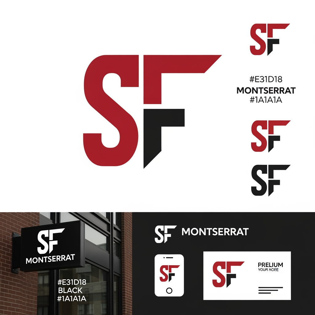 AI Design for Create a modern, minimal, and memorable logo icon by combining the letters "S" and "F" into a single geometric monogram. The design should feel premium, timeless, and highly recognizable. Avoid generic house roofs and obvious construction symbols. Instead, use clever negative space and architectural precision to subtly represent structure, stability, and craftsmanship.

The "S" should form the primary outer shape with smooth yet sharp transitions, while the "F" is seamlessly integrated within it using clean cuts and balanced proportions. The icon must be simple enough to work as an app icon, favicon, signage, helmets, vehicles, and business cards.

Design Characteristics:

Minimal and modern monogram
Sharp geometric edges with subtle rounded corners
Clever negative space integration
Architectural and luxury aesthetic
Symmetrical visual balance
Strong silhouette recognizable from a distance
No gradients, no unnecessary details
Flat vector style suitable for branding
Premium real estate / construction identity feel

Color Palette:

Primary: Deep Red (#E31D18)
Secondary: Charcoal Black (#1A1A1A)
White version for dark backgrounds
Solid black version for print applications

Typography Pairing:
Use a clean sans-serif font such as Montserrat, Nexa, or Poppins for the brand name.

Presentation:
Show the icon alone, icon with wordmark, monochrome variations, app icon version, and mockups on signage and business cards.

Style Keywords: Minimal, Luxury, Monogram, Negative Space, Architectural, Premium, Timeless, Geometric, Corporate, High-End Branding, Vector Logo Design.