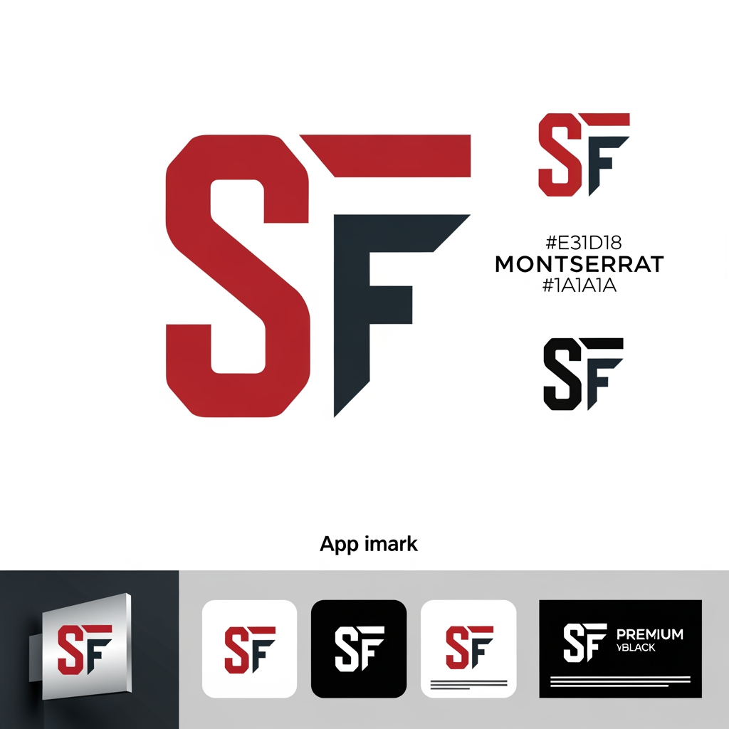 AI Design for Create a modern, minimal, and memorable logo icon by combining the letters "S" and "F" into a single geometric monogram. The design should feel premium, timeless, and highly recognizable. Avoid generic house roofs and obvious construction symbols. Instead, use clever negative space and architectural precision to subtly represent structure, stability, and craftsmanship.

The "S" should form the primary outer shape with smooth yet sharp transitions, while the "F" is seamlessly integrated within it using clean cuts and balanced proportions. The icon must be simple enough to work as an app icon, favicon, signage, helmets, vehicles, and business cards.

Design Characteristics:

Minimal and modern monogram
Sharp geometric edges with subtle rounded corners
Clever negative space integration
Architectural and luxury aesthetic
Symmetrical visual balance
Strong silhouette recognizable from a distance
No gradients, no unnecessary details
Flat vector style suitable for branding
Premium real estate / construction identity feel

Color Palette:

Primary: Deep Red (#E31D18)
Secondary: Charcoal Black (#1A1A1A)
White version for dark backgrounds
Solid black version for print applications

Typography Pairing:
Use a clean sans-serif font such as Montserrat, Nexa, or Poppins for the brand name.

Presentation:
Show the icon alone, icon with wordmark, monochrome variations, app icon version, and mockups on signage and business cards.

Style Keywords: Minimal, Luxury, Monogram, Negative Space, Architectural, Premium, Timeless, Geometric, Corporate, High-End Branding, Vector Logo Design.