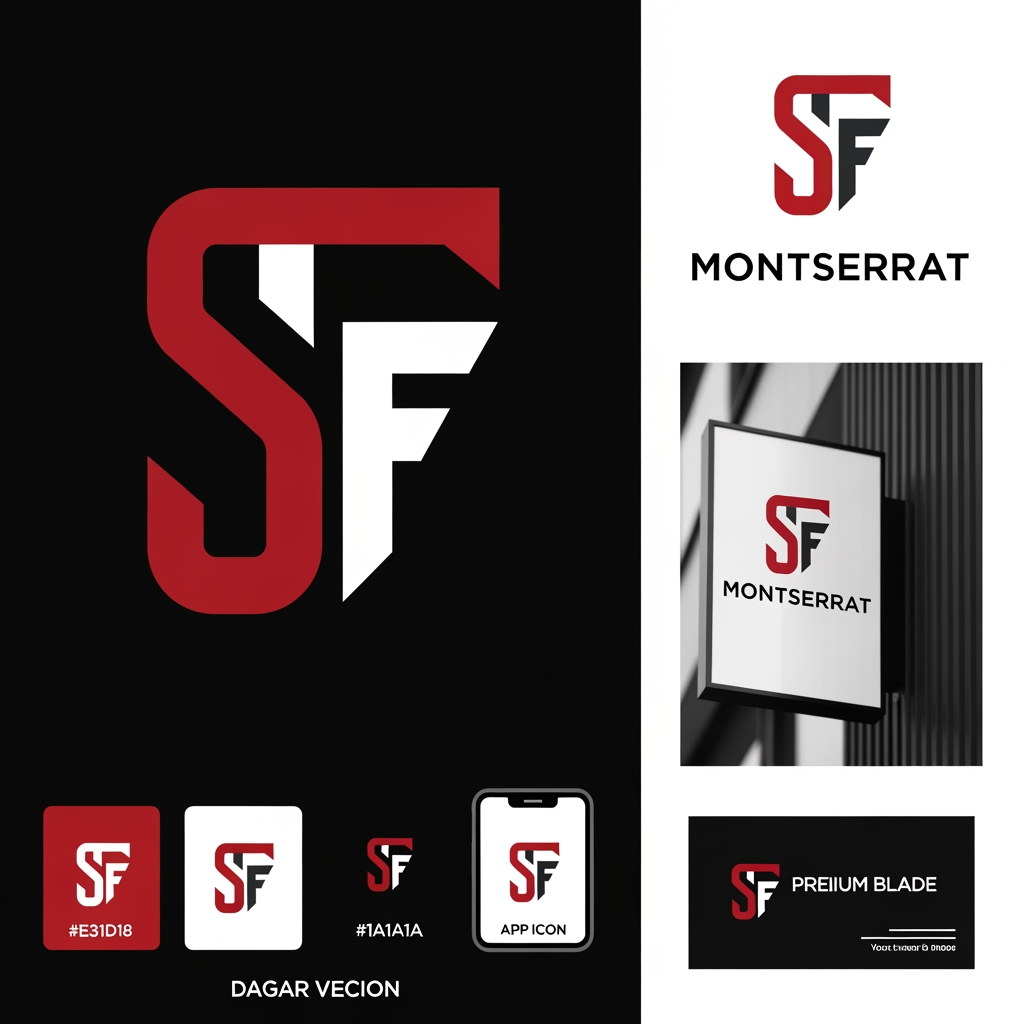 AI Design for Create a modern, minimal, and memorable logo icon by combining the letters "S" and "F" into a single geometric monogram. The design should feel premium, timeless, and highly recognizable. Avoid generic house roofs and obvious construction symbols. Instead, use clever negative space and architectural precision to subtly represent structure, stability, and craftsmanship.

The "S" should form the primary outer shape with smooth yet sharp transitions, while the "F" is seamlessly integrated within it using clean cuts and balanced proportions. The icon must be simple enough to work as an app icon, favicon, signage, helmets, vehicles, and business cards.

Design Characteristics:

Minimal and modern monogram
Sharp geometric edges with subtle rounded corners
Clever negative space integration
Architectural and luxury aesthetic
Symmetrical visual balance
Strong silhouette recognizable from a distance
No gradients, no unnecessary details
Flat vector style suitable for branding
Premium real estate / construction identity feel

Color Palette:

Primary: Deep Red (#E31D18)
Secondary: Charcoal Black (#1A1A1A)
White version for dark backgrounds
Solid black version for print applications

Typography Pairing:
Use a clean sans-serif font such as Montserrat, Nexa, or Poppins for the brand name.

Presentation:
Show the icon alone, icon with wordmark, monochrome variations, app icon version, and mockups on signage and business cards.

Style Keywords: Minimal, Luxury, Monogram, Negative Space, Architectural, Premium, Timeless, Geometric, Corporate, High-End Branding, Vector Logo Design.