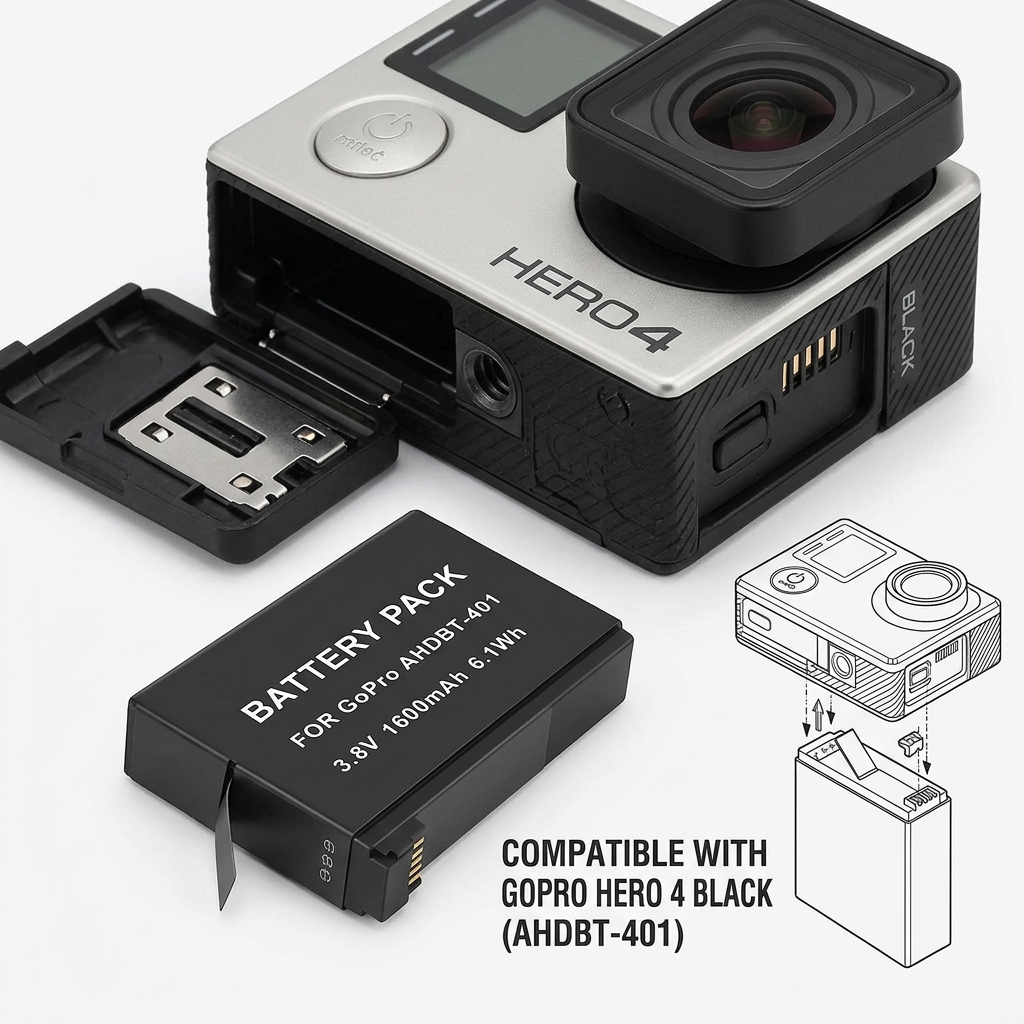 AI Design for creat image which show the Compatible use of this battery For Go - Pro Hero 4-AHDBT-401 Black 1600mah