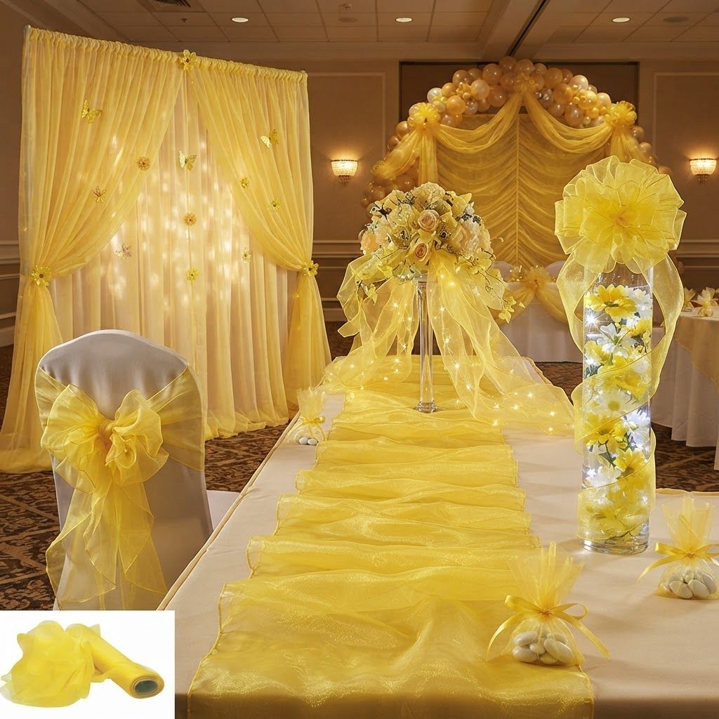 AI Design for create image which show the different use of the organza fabric in party decorations