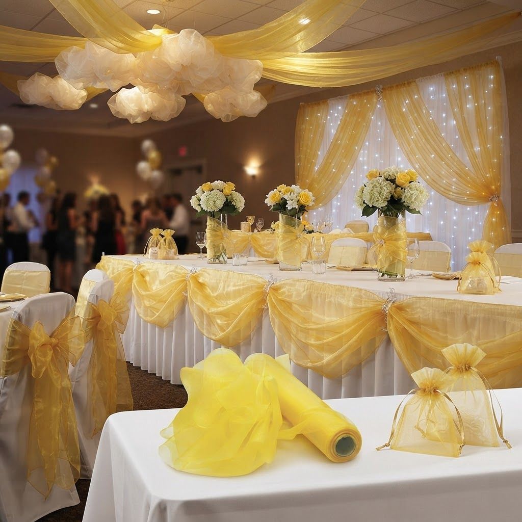 AI Design for create image which show the different use of the organza fabric in party decorations