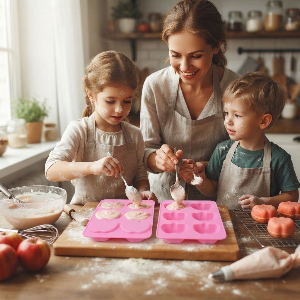 AI Design for create image which show the mother and children enjoy baking through this mould