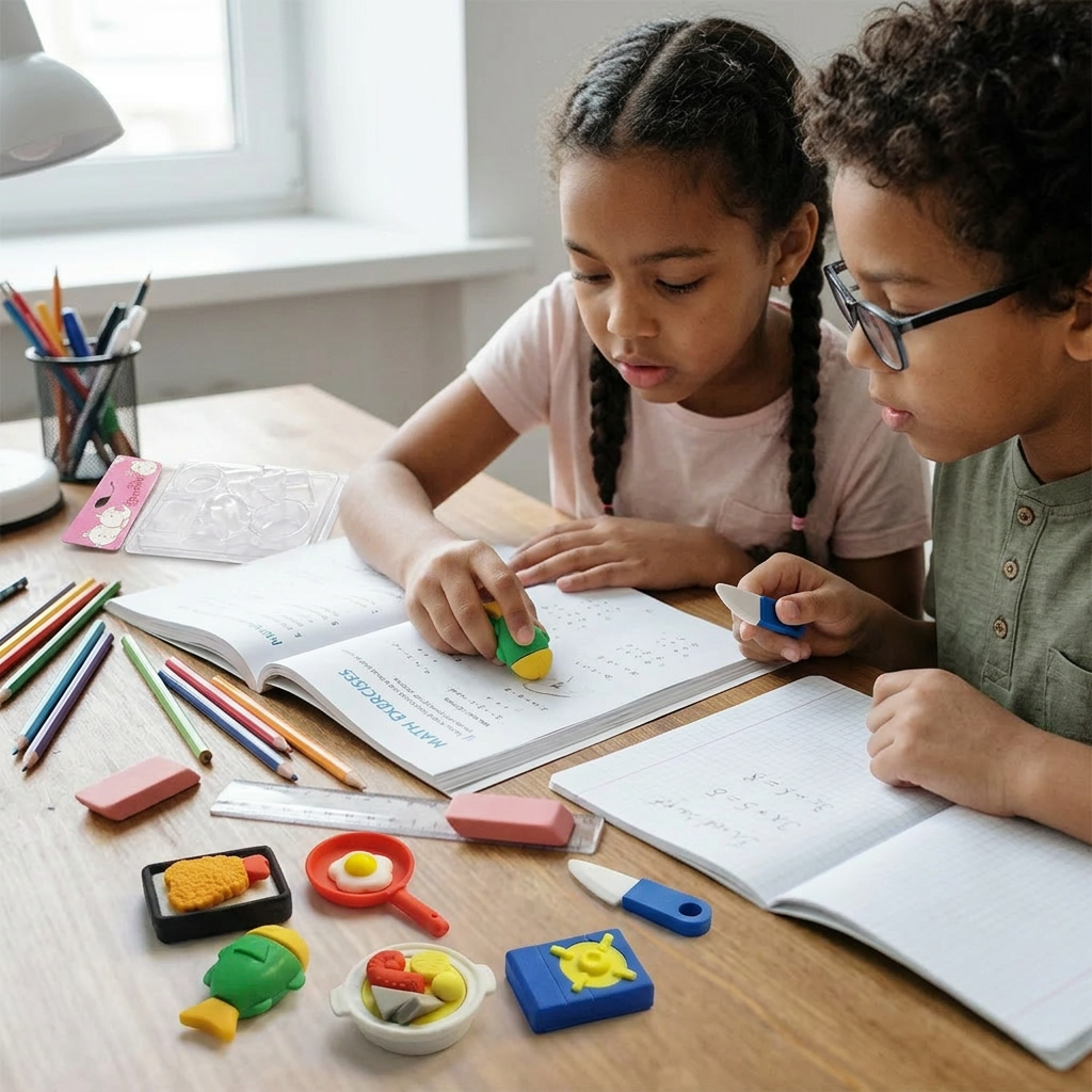 AI Design for Create image which show the children using this eraser during study