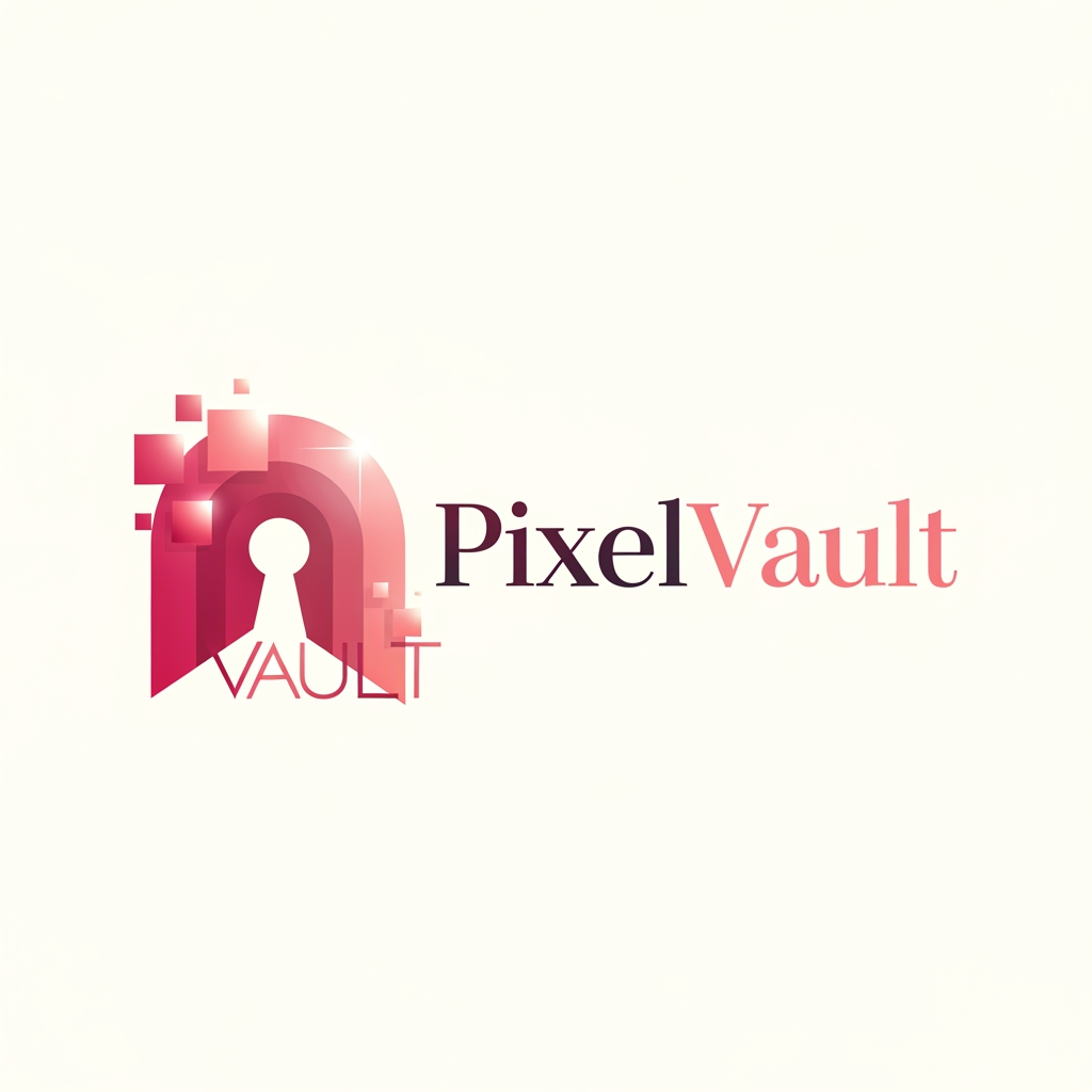 AI Design for i want to create a Logo with name PixelVault .make sure the color is pinkish red and make it look asthetic