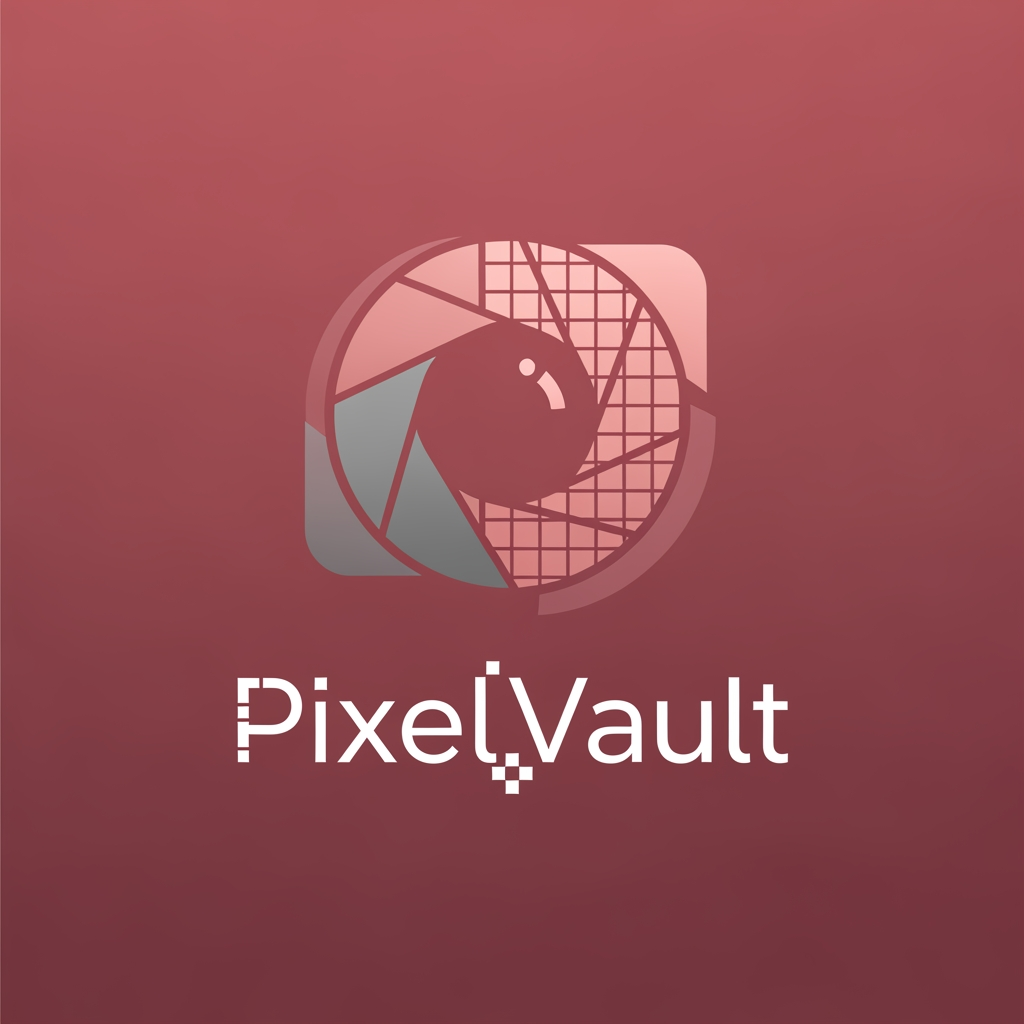 AI Design for i want to create a Logo with name PixelVault .make sure the color is pinkish red and make it look asthetic . its image gallery themed