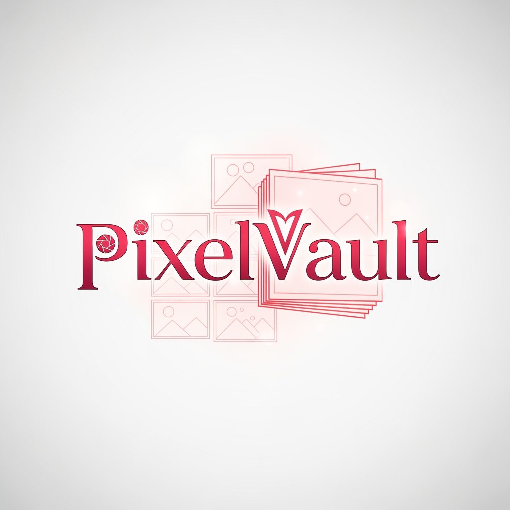 AI Design for i want to create a Logo with name PixelVault .make sure the color is pinkish red and make it look asthetic . its image gallery themed