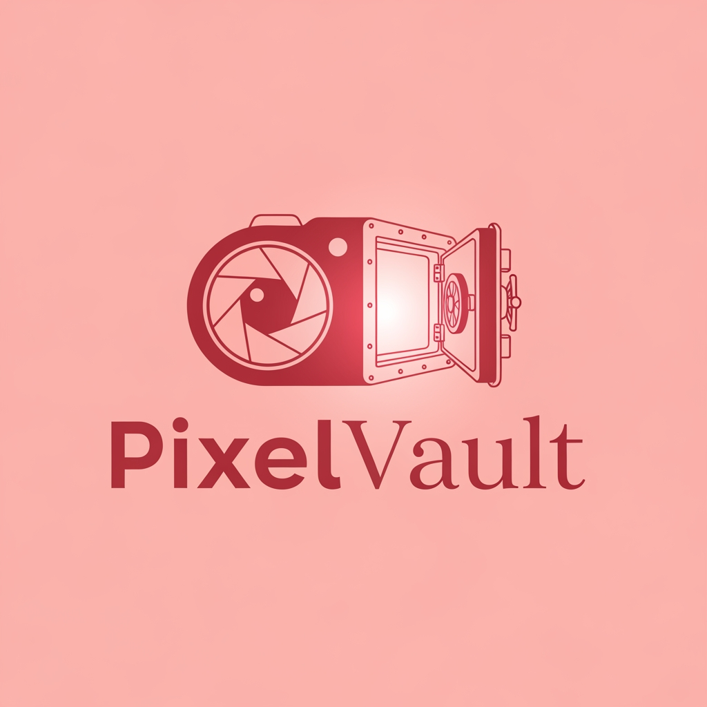 AI Design for i want to create a Logo with name PixelVault .make sure the color is pinkish red and make it look asthetic . its photo themed