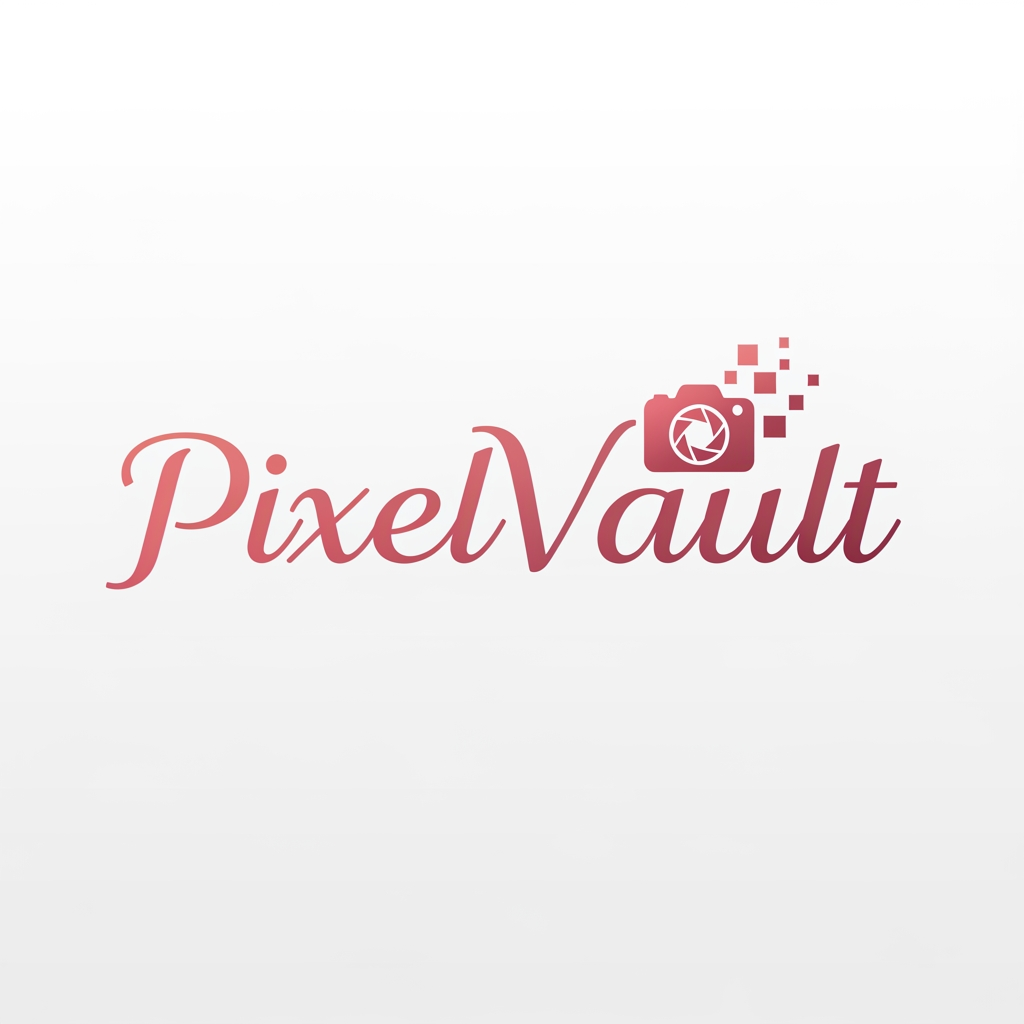 AI Design for i want to create a Logo with name PixelVault .make sure the color is pinkish red and make it look asthetic . its photo themed