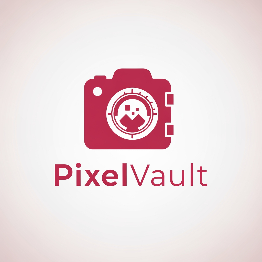 AI Design for i want to create a Logo with name PixelVault .make sure the color is pinkish red and make it look asthetic . its photo themed