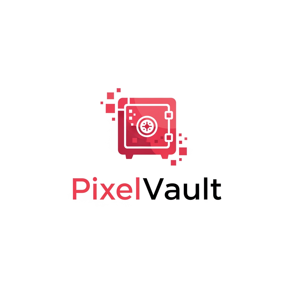 AI Design for i want to create a Logo with name PixelVault .make sure the color is pinkish red and make it look asthetic