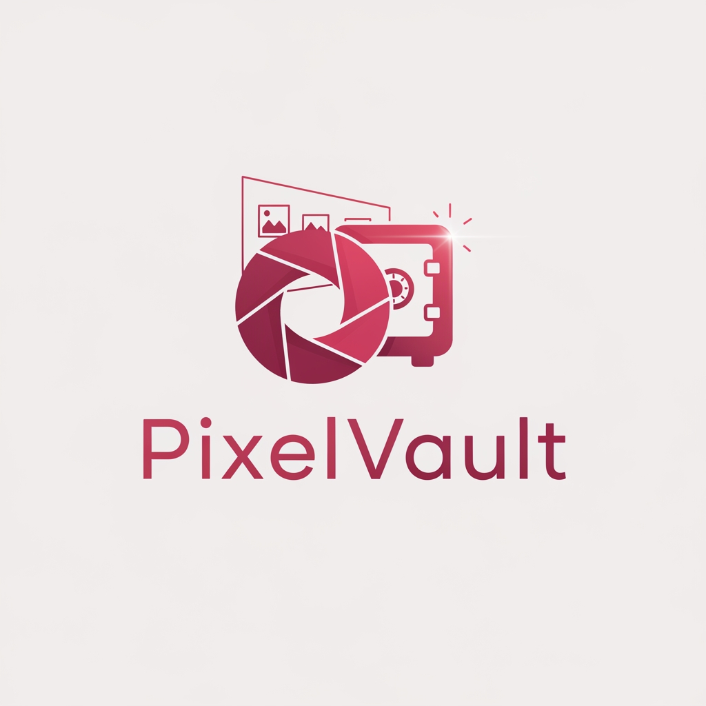 AI Design for i want to create a Logo with name PixelVault .make sure the color is pinkish red and make it look asthetic . its image gallery themed