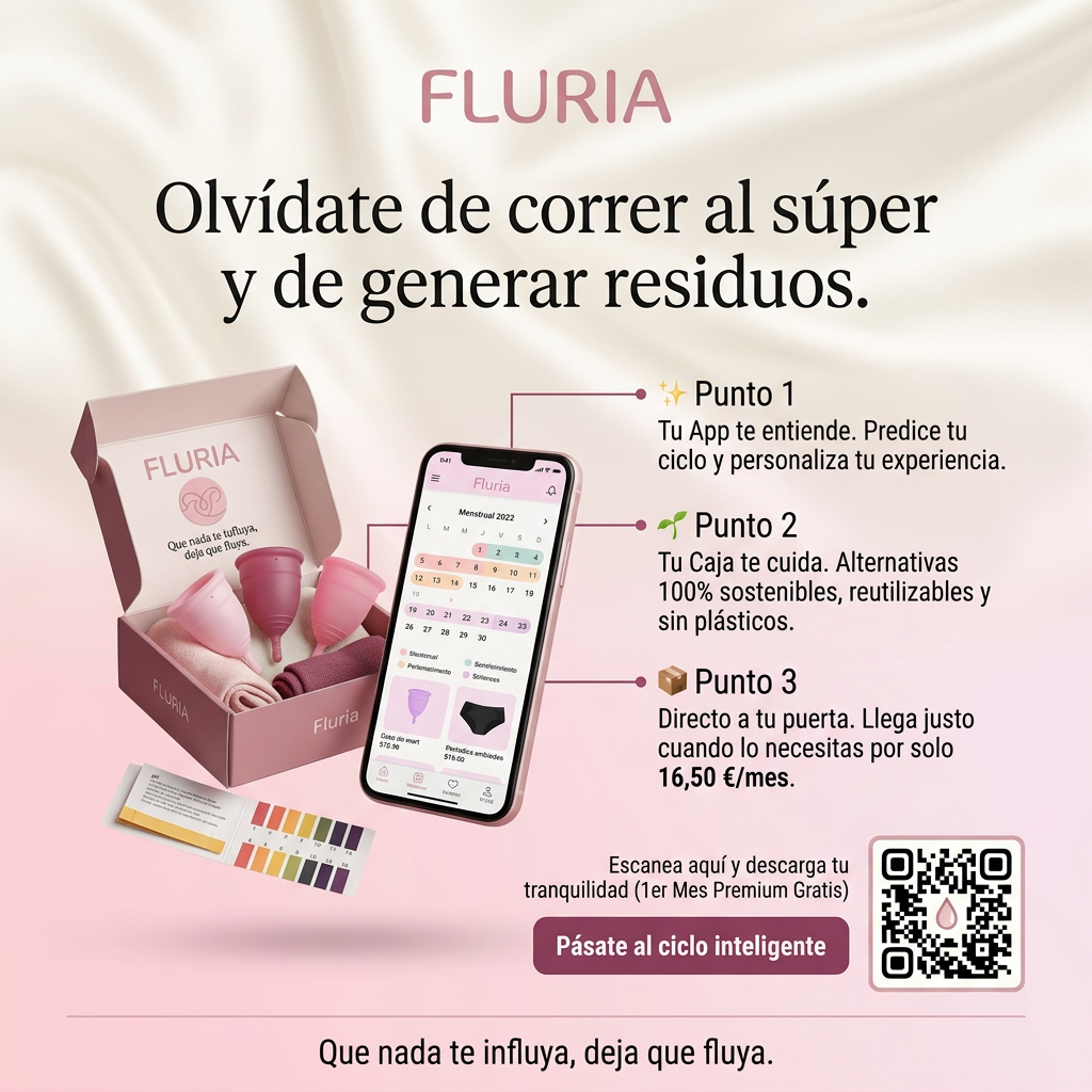 AI Design for Necesito crear un letrero de inauguracion de la empresa para promocionar la marca de Fluria a los clientes, colgar en los sitios web para promocionarlo. Usando los mismos colores que usamos para la interfás de la aplicación y el logo. Fondo: Un degradado muy suave que emule la seda de la imagen: desde un blanco roto/crema texturizado hasta un rosa empolvado en la base. Transmite limpieza, calma y premiumness.

Tipografías: Una fuente Serif elegante y moderna para los títulos principales (estilo editorial o vogue) y una Sans-serif limpia y geométrica para los textos explicativos.El Centro Visual (Izquierda - Centro): Coloca la fotografía image-432972.jpg silueteada (sin el fondo, solo la caja abierta flotando ligeramente con su sombra, el teléfono móvil al lado mostrando la app y las tiras de pH en primer plano). Esto genera un efecto 3D muy atractivo.

La Cabecera (Parte Superior):

Logotipo de Fluria centrado o en la esquina superior izquierda.

Titular Principal (En grande y tipografía elegante):

"Olvídate de correr al súper y de generar residuos."

El Cuerpo Conector (Derecha de la imagen): En lugar de un bloque de texto aburrido, utiliza 3 puntos dinámicos conectados con líneas finas de color vino hacia la imagen:

✨ Punto 1 (Señala al móvil): Tu App te entiende. Predice tu ciclo y personaliza tu experiencia.

🌱 Punto 2 (Señala a la copa/textiles): Tu Caja te cuida. Alternativas 100% sostenibles, reutilizables y sin plásticos.

📦 Punto 3 (Señala al conjunto): Directo a tu puerta. Llega justo cuando lo necesitas por solo 16,50 €/mes.

El Cierre y Llamada a la Acción (Parte Inferior - Derecha):

Un botón de contraste (color vino/morado de la cajita de bombones) que diga: "Pásate al ciclo inteligente".

Al lado, un Código QR elegante enmarcado con el texto: "Escanea aquí y descarga tu tranquilidad (1er Mes Premium Gratis)".

Vuestro eslogan de cierre en la base, centrado y con una tipografía sutil: "Que nada te influya, deja que fluya."