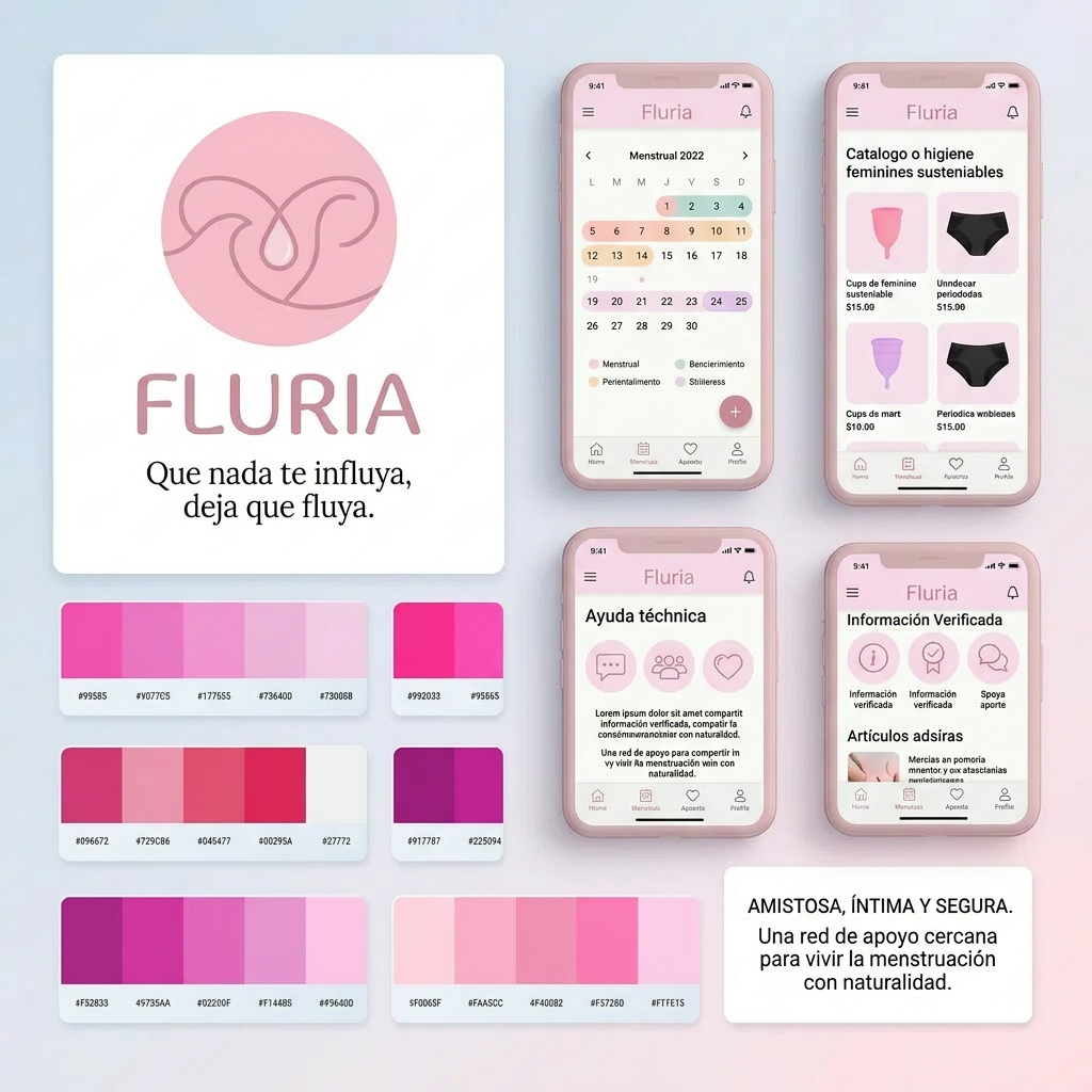 AI Design for Nombre de la marca: Fluria / Enfoque: Principalmente Fluria es una aplicacion que ayuda a las mujeres y personas mentruantes a controlar registrar su periodo y sus sintomas pero para diferenciarse de las demas aplicacions del mercado tambien es unatienda online de productos de hgiene femenina sostenibles y un sistema donde proporviona a las usuarias soporte tecnico y emocional ademas de un sistema que ayuda a compartir y divulgar informacion verificada sobre el cuerpo femenino para combatir la desinformacion / Eslogan: Que nadate influya deja que fluya" / Identidad de la marca: Amistosa , intma y segura, crea la sesacion de ser una red de apoyo cercana y un soporte para vivir la mentruacin y lo que eso conlleva con naturalidad. / Paleta de colores para el logotpo y la marca: paleta de tonos rosa pastel frios tirando a claros para dar sensacio de feminidad y confianza / Idea para el logotipo a crear: Un circulo sencillo de color rosa sin subtonos o sombra (plano) con elemntos igual de simplificados, quizas gotas o elementos en cursiva. Un enfoque elegante que sea dscreto que n se vea tan obvio que es una aplicacion de menstruacion en la pantalla de las usuarias. / Prototipo de interfaz: Una interfaz limpia y muy muybintuitiva en tonos pastel , la pantalla pricipal con el calendario y registro de sintomas, otro apartado para tienda y producto,un apartado para os articulos de divulgacon y otro para el regstro perdonal