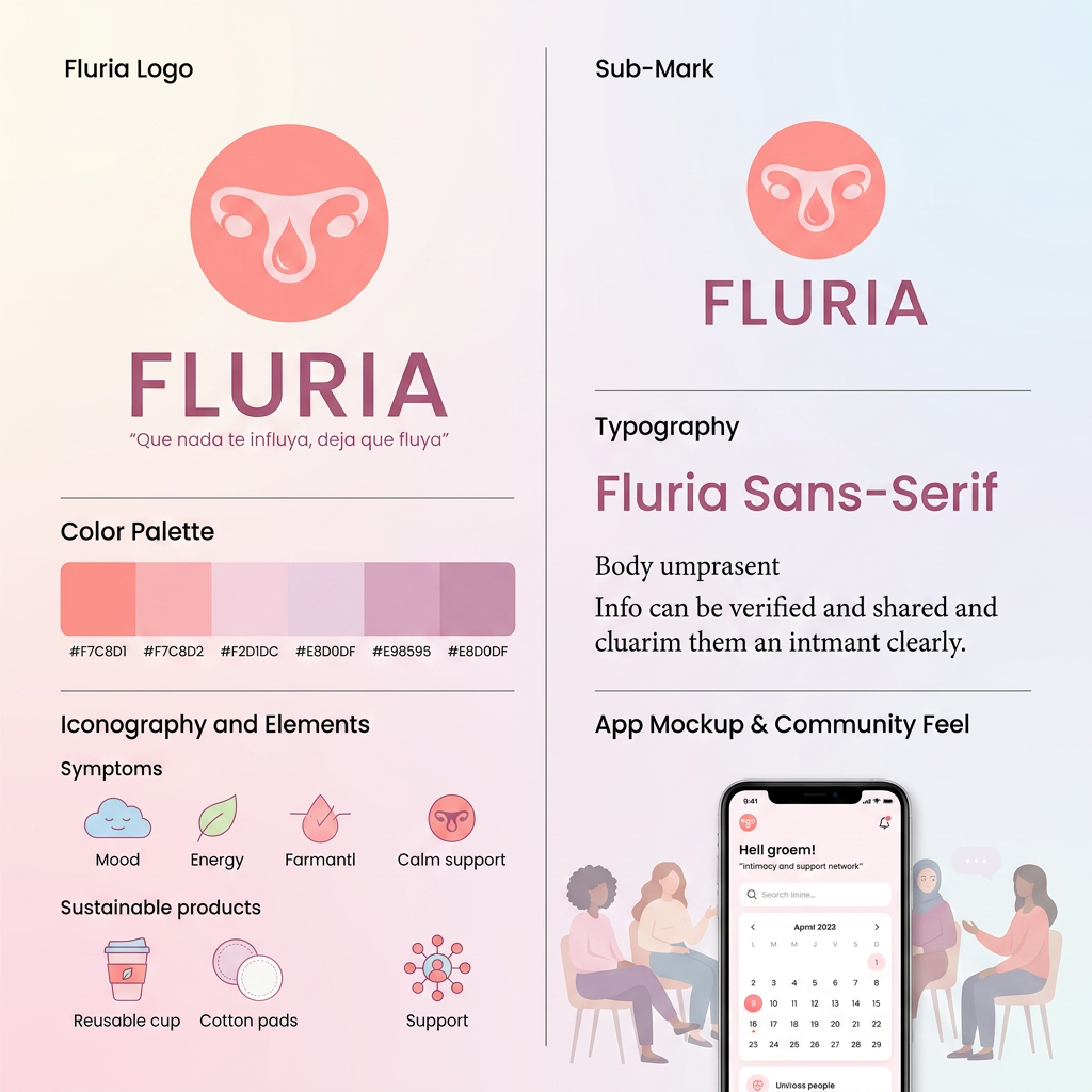 AI Design for Nombre de la marca: Fluria / Enfoque: Principalmente Fluria es una aplicacion que ayuda a las mujeres y personas mentruantes a controlar registrar su periodo y sus sintomas pero para diferenciarse de las demas aplicacions del mercado tambien es unatienda online de productos de hgiene femenina sostenibles y un sistema donde proporviona a las usuarias soporte tecnico y emocional ademas de un sistema que ayuda a compartir y divulgar informacion verificada sobre el cuerpo femenino para combatir la desinformacion / Eslogan: Que nadate influya deja que fluya" / Identidad de la marca: Amistosa , intma y segura, crea la sesacion de ser una red de apoyo cercana y un soporte para vivir la mentruacin y lo que eso conlleva con naturalidad. / Paleta de colores para el logotpo y la marca: paleta de todos pastel tirando a claros para dar sensacio de feminidad confiana / Idea para el logotipo a crear: Un circulo sencillo de color rosa sin subtonos o sombra (plano) con elemntos igual de simplificados, quizas gotas o alguna manera ingeniosa de incluir la foma del utero sin que se vea obvio. Un enfoque elegante que sea dscreto que n se vea tan obvio que es una aplicacion de menstruacion en la pantalla de las usuarias