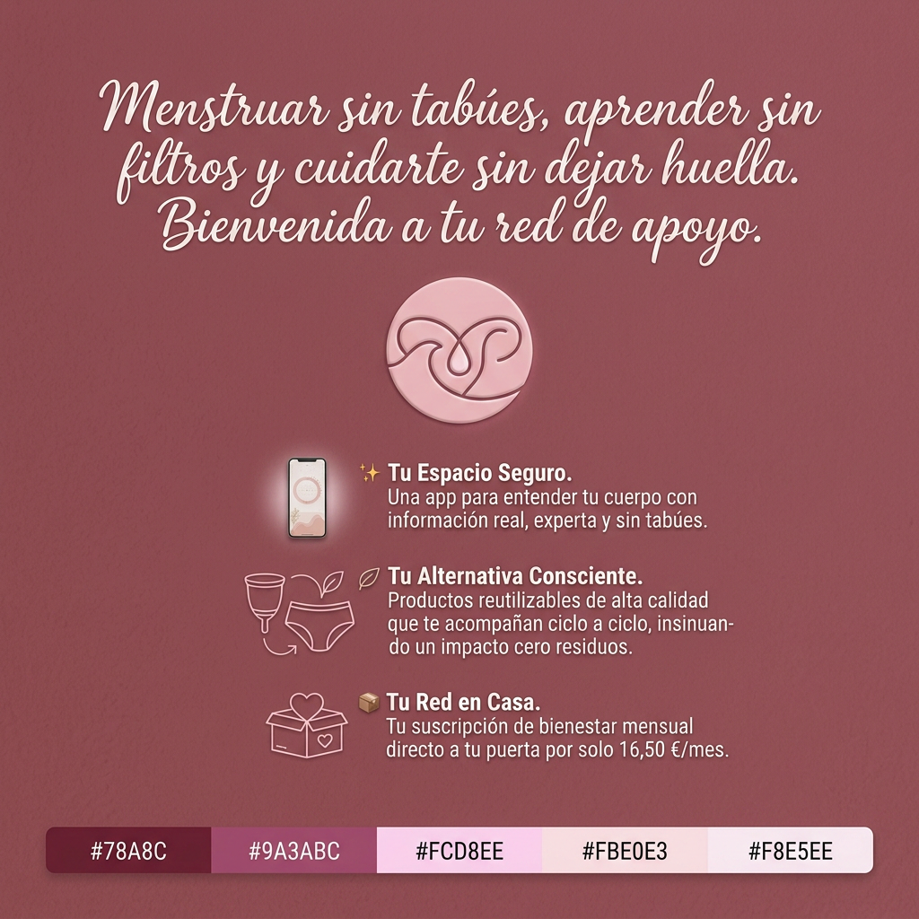 AI Design for Necesito crear un letrero de inauguracion de la empresa para promocionar la marca de Fluria a los clientes, colgar en los sitios web para promocionarlo. Usando los mismos colores que usamos para la interfás de la aplicación y el logo.El Fondo y la Tipografía (Identidad Visual)
Nuevo Fondo: Cambiamos el blanco sedoso por un rosa viejo o rosa cuarzo de tono más oscuro, profundo y cálido. Este fondo creará un contraste brutal y hará que las letras blancas o en tono vino destaquen al instante, aportando madurez y elegancia.

Nueva Tipografía: Eliminamos las letras rígidas de imprenta. Para los títulos principales utilizaremos una fuente caligráfica, orgánica o de estilo handwritten / cursiva fluida que simule el movimiento natural y libre del agua o los trazos manuales.

2. El Mensaje Principal (Titular Persuasivo)
Cambiamos el enfoque puramente ecológico por uno que hable de conexión, educación y libertad:

Texto del Titular (En letra fluida y blanca/vino):

"Menstruar sin tabúes, aprender sin filtros y cuidarte sin dejar huella. Bienvenida a tu red de apoyo."

3. Ajuste de los Puntos Dinámicos (Derecha del Cartel)
Rediseñamos los 3 puntos de la imagen Untitled-Project-Hiding-Elephant-24720d14-e90b-427b-96e5-7077ad8f2341.jpg para alinearlos con la educación, el apoyo y la sutileza ecológica:

✨ Punto 1 (Hacia el Móvil / App):

Texto: Tu Espacio Seguro. Una app para entender tu cuerpo con información real, experta y sin tabúes.

🌿 Punto 2 (Hacia la Caja / Productos):

Texto: Tu Alternativa Consciente. Productos reutilizables de alta calidad que te acompañan ciclo a ciclo, insinuando un impacto cero residuos.

📦 Punto 3 (Hacia el Conjunto):

Texto: Tu Red en Casa. Tu suscripción de bienestar mensual directo a tu puerta por solo 16,50 €/mes.