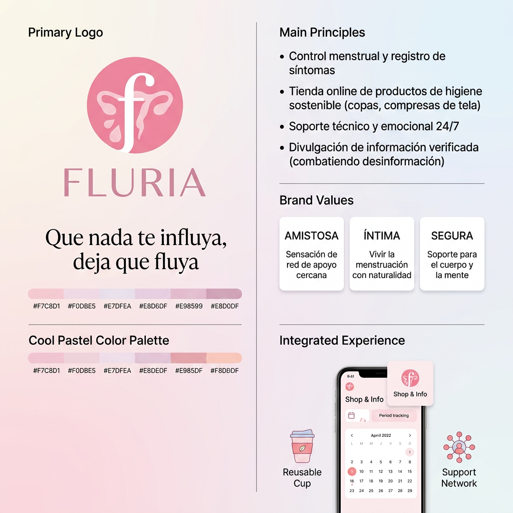 AI Design for Nombre de la marca: Fluria / Enfoque: Principalmente Fluria es una aplicacion que ayuda a las mujeres y personas mentruantes a controlar registrar su periodo y sus sintomas pero para diferenciarse de las demas aplicacions del mercado tambien es unatienda online de productos de hgiene femenina sostenibles y un sistema donde proporviona a las usuarias soporte tecnico y emocional ademas de un sistema que ayuda a compartir y divulgar informacion verificada sobre el cuerpo femenino para combatir la desinformacion / Eslogan: Que nadate influya deja que fluya" / Identidad de la marca: Amistosa , intma y segura, crea la sesacion de ser una red de apoyo cercana y un soporte para vivir la mentruacin y lo que eso conlleva con naturalidad. / Paleta de colores para el logotpo y la marca: paleta de tonos rosa pastel frios tirando a claros para dar sensacio de feminidad y confianza / Idea para el logotipo a crear: Un circulo sencillo de color rosa sin subtonos o sombra (plano) con elemntos igual de simplificados, quizas gotas o elementos en cursiva. Un enfoque elegante que sea dscreto que n se vea tan obvio que es una aplicacion de menstruacion en la pantalla de las usuarias.