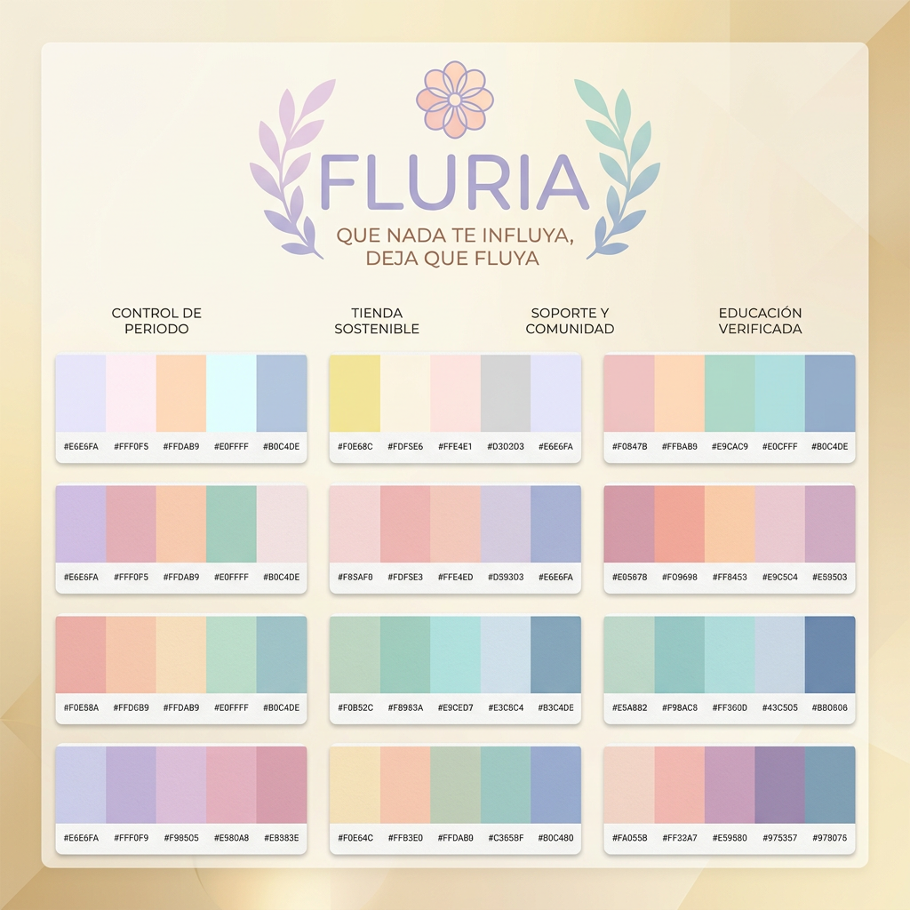 AI Design for Nombre de la marca: Fluria / Enfoque: Principalmente Fluria es una aplicacion que ayuda a las mujeres y personas mentruantes a controlar registrar su periodo y sus sintomas pero para diferenciarse de las demas aplicacions del mercado tambien es unatienda online de productos de hgiene femenina sostenibles y un sistema donde proporviona a las usuarias soporte tecnico y emocional ademas de un sistema que ayuda a compartir y divulgar informacion verificada sobre el cuerpo femenino para combatir la desinformacion / Eslogan: Que nadate influya deja que fluya" / Identidad de la marca: Amistosa , intma y segura, crea la sesacion de ser una red de apoyo cercana y un soporte para vivir la mentruacin y lo que eso conlleva con naturalidad. / Paleta de colores para el logotpo y la marca: paleta de todos pastel tirando a claros para dar sensacio de feminidad confiana