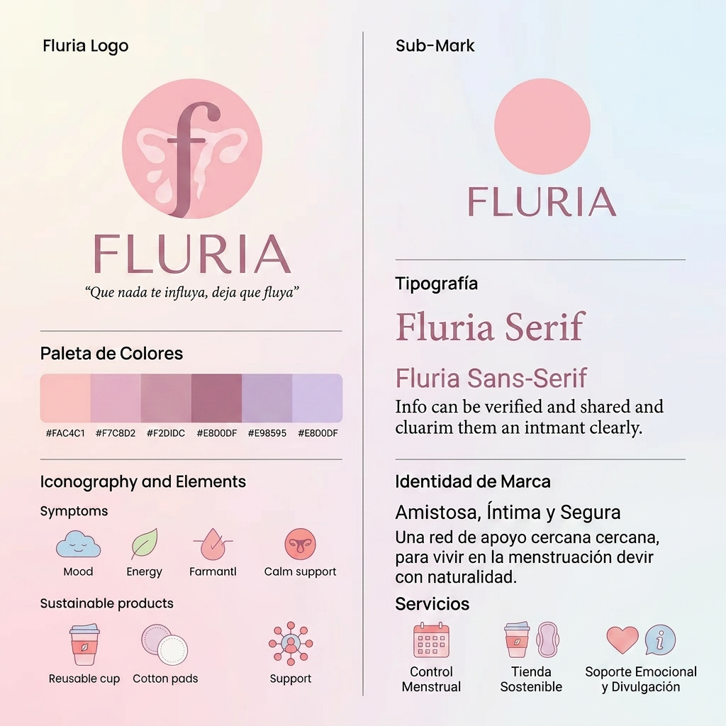 AI Design for Nombre de la marca: Fluria / Enfoque: Principalmente Fluria es una aplicacion que ayuda a las mujeres y personas mentruantes a controlar registrar su periodo y sus sintomas pero para diferenciarse de las demas aplicacions del mercado tambien es unatienda online de productos de hgiene femenina sostenibles y un sistema donde proporviona a las usuarias soporte tecnico y emocional ademas de un sistema que ayuda a compartir y divulgar informacion verificada sobre el cuerpo femenino para combatir la desinformacion / Eslogan: Que nadate influya deja que fluya" / Identidad de la marca: Amistosa , intma y segura, crea la sesacion de ser una red de apoyo cercana y un soporte para vivir la mentruacin y lo que eso conlleva con naturalidad. / Paleta de colores para el logotpo y la marca: paleta de tonos rosa pastel frios tirando a claros para dar sensacio de feminidad y confianza / Idea para el logotipo a crear: Un circulo sencillo de color rosa sin subtonos o sombra (plano) con elemntos igual de simplificados, quizas gotas o elementos en cursiva. Un enfoque elegante que sea dscreto que n se vea tan obvio que es una aplicacion de menstruacion en la pantalla de las usuarias.