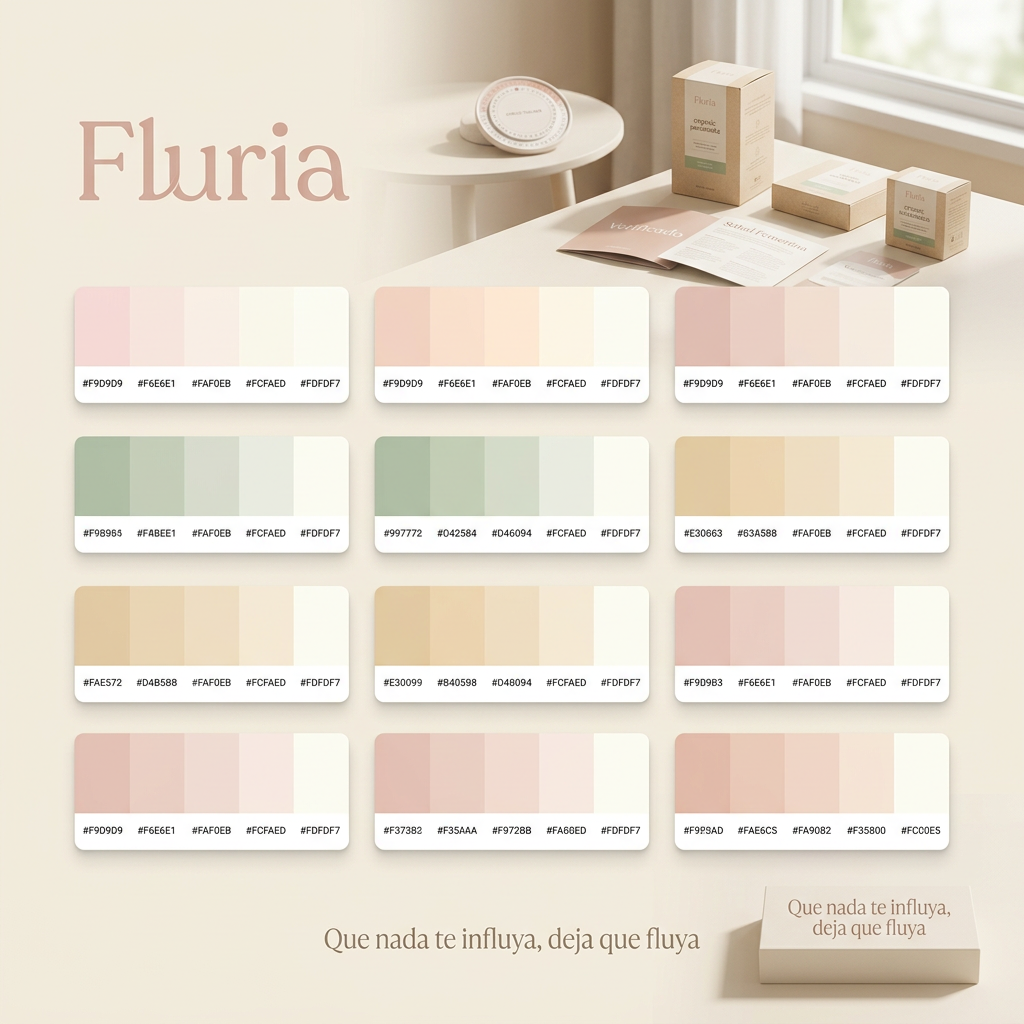 AI Design for Nombre de la marca: Fluria / Enfoque: Principalmente Fluria es una aplicacion que ayuda a las mujeres y personas mentruantes a controlar registrar su periodo y sus sintomas pero para diferenciarse de las demas aplicacions del mercado tambien es unatienda online de productos de hgiene femenina sostenibles y un sistema donde proporviona a las usuarias soporte tecnico y emocional ademas de un sistema que ayuda a compartir y divulgar informacion verificada sobre el cuerpo femenino para combatir la desinformacion / Eslogan: Que nadate influya deja que fluya" / Identidad de la marca: Amistosa , intma y segura, crea la sesacion de ser una red de apoyo cercana y un soporte para vivir la mentruacin y lo que eso conlleva con naturalidad. / Paleta de colores para el logotpo y la marca: paleta de todos pastel tirando a claros para dar sensacio de feminidad confiana, todo mezclado con blanco crema
