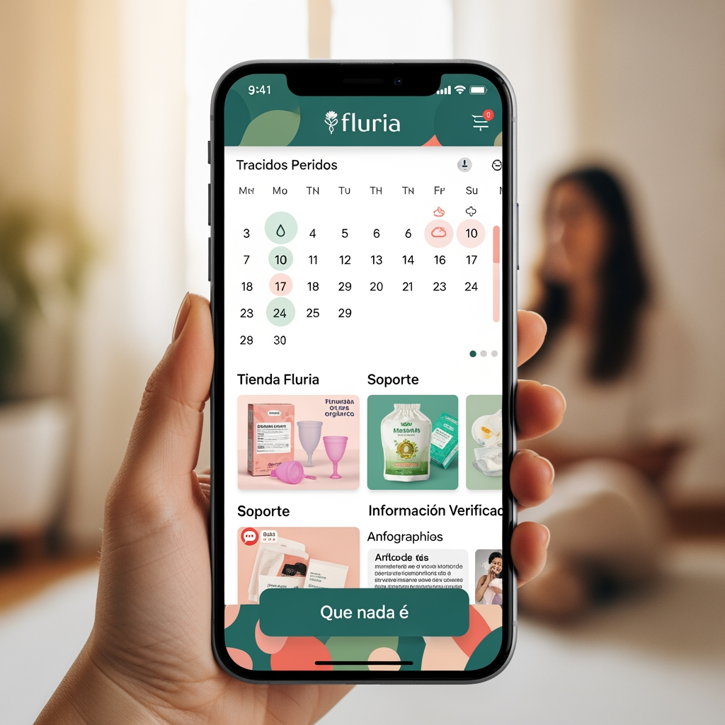 AI Design for Nombre de la marca: Fluria / Enfoque: Principalmente Fluria es una aplicacion que ayuda a las mujeres y personas mentruantes a controlar registrar su periodo y sus sintomas pero para diferenciarse de las demas aplicacions del mercado tambien es unatienda online de productos de hgiene femenina sostenibles y un sistema donde proporviona a las usuarias soporte tecnico y emocional ademas de un sistema que ayuda a compartir y divulgar informacion verificada sobre el cuerpo femenino para combatir la desinformacion / Eslogan: Que nada e