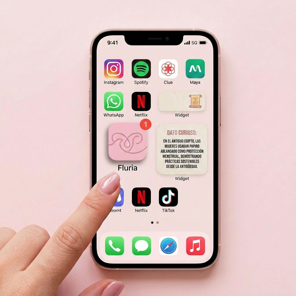 AI Design for Crea una imagen donde se vea el logo de la aplicacion de Fluria en la pantalla principal de un smartphone de alguna ususaria con otras aplicaciones populares alrededor y un widget con un dato historico sobre el periodo o la menstruacion que sea tractuvo a la vista