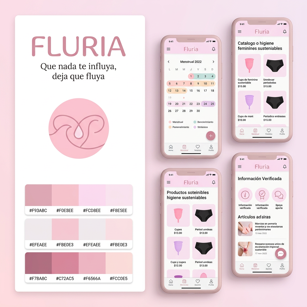 AI Design for Nombre de la marca: Fluria / Enfoque: Principalmente Fluria es una aplicacion que ayuda a las mujeres y personas mentruantes a controlar registrar su periodo y sus sintomas pero para diferenciarse de las demas aplicacions del mercado tambien es unatienda online de productos de hgiene femenina sostenibles y un sistema donde proporviona a las usuarias soporte tecnico y emocional ademas de un sistema que ayuda a compartir y divulgar informacion verificada sobre el cuerpo femenino para combatir la desinformacion / Eslogan: Que nadate influya deja que fluya" / Identidad de la marca: Amistosa , intma y segura, crea la sesacion de ser una red de apoyo cercana y un soporte para vivir la mentruacin y lo que eso conlleva con naturalidad. / Paleta de colores para el logotpo y la marca: paleta de todos pastel tirando a claros para dar sensacio de feminidad confiana / Idea para el logotipo a crear: Un circulo sencillo de color rosa sin subtonos o sombra (plano) con elemntos igual de simplificados, quizas gotas o alguna manera ingeniosa de incluir la foma del utero sin que se vea obvio. Un enfoque elegante que sea dscreto que n se vea tan obvio que es una aplicacion de menstruacion en la pantalla de las usuarias