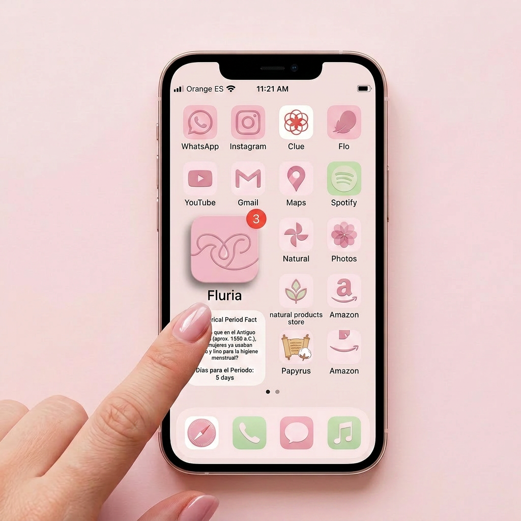 AI Design for Crea una imagen donde se vea el logo de la aplicacion de Fluria en la pantalla principal de un smartphone de alguna ususaria con otras aplicaciones populares alrededor y un widget con un dato historico sobre el periodo o la menstruacion