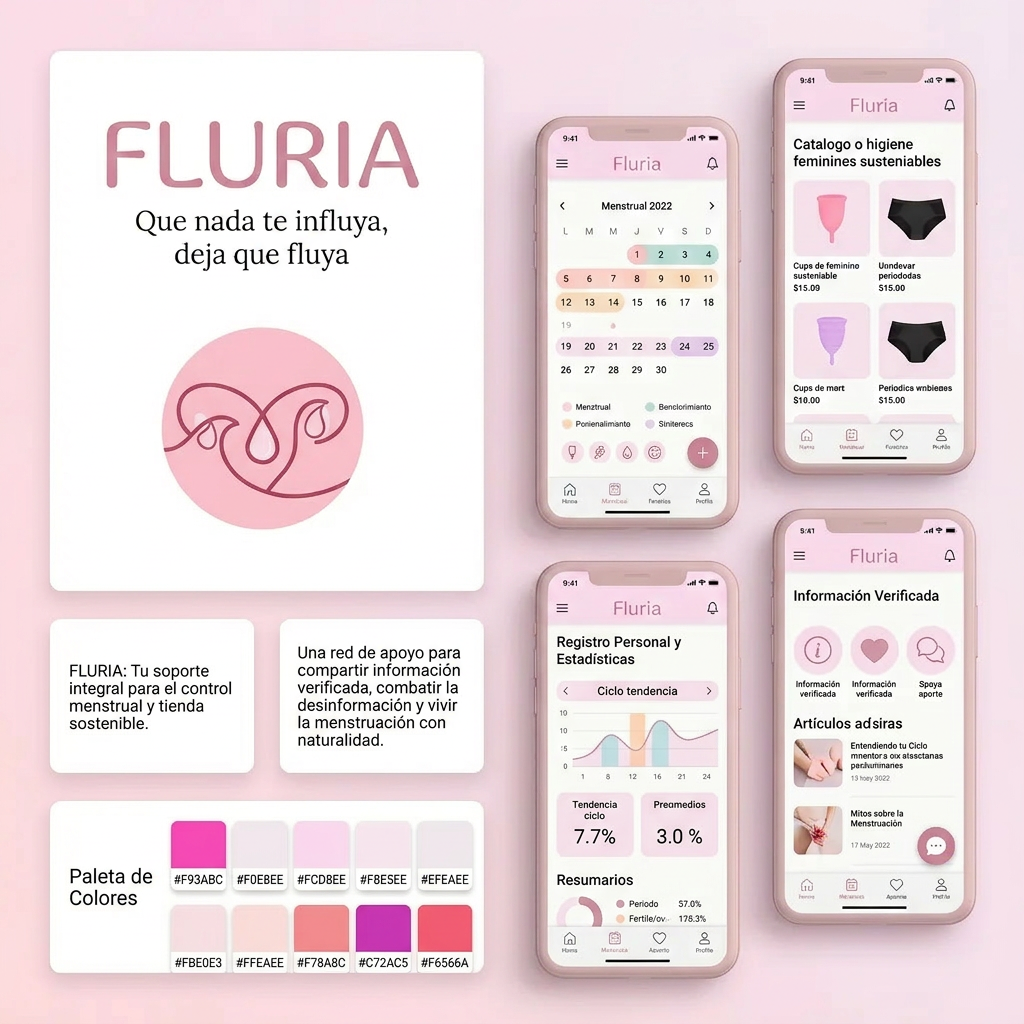AI Design for Nombre de la marca: Fluria / Enfoque: Principalmente Fluria es una aplicacion que ayuda a las mujeres y personas mentruantes a controlar registrar su periodo y sus sintomas pero para diferenciarse de las demas aplicacions del mercado tambien es unatienda online de productos de hgiene femenina sostenibles y un sistema donde proporviona a las usuarias soporte tecnico y emocional ademas de un sistema que ayuda a compartir y divulgar informacion verificada sobre el cuerpo femenino para combatir la desinformacion / Eslogan: Que nadate influya deja que fluya" / Identidad de la marca: Amistosa , intma y segura, crea la sesacion de ser una red de apoyo cercana y un soporte para vivir la mentruacin y lo que eso conlleva con naturalidad. / Paleta de colores para el logotpo y la marca: paleta de tonos rosa pastel frios tirando a claros para dar sensacio de feminidad y confianza / Idea para el logotipo a crear: Un circulo sencillo de color rosa sin subtonos o sombra (plano) con elemntos igual de simplificados, quizas gotas o elementos en cursiva. Un enfoque elegante que sea dscreto que n se vea tan obvio que es una aplicacion de menstruacion en la pantalla de las usuarias. / Prototipo de interfaz: Una interfaz limpia y muy muybintuitiva en tonos pastel , la pantalla pricipal con el calendario y registro de sintomas, otro apartado para tienda y producto,un apartado para os articulos de divulgacon y otro para el regstro perdonal