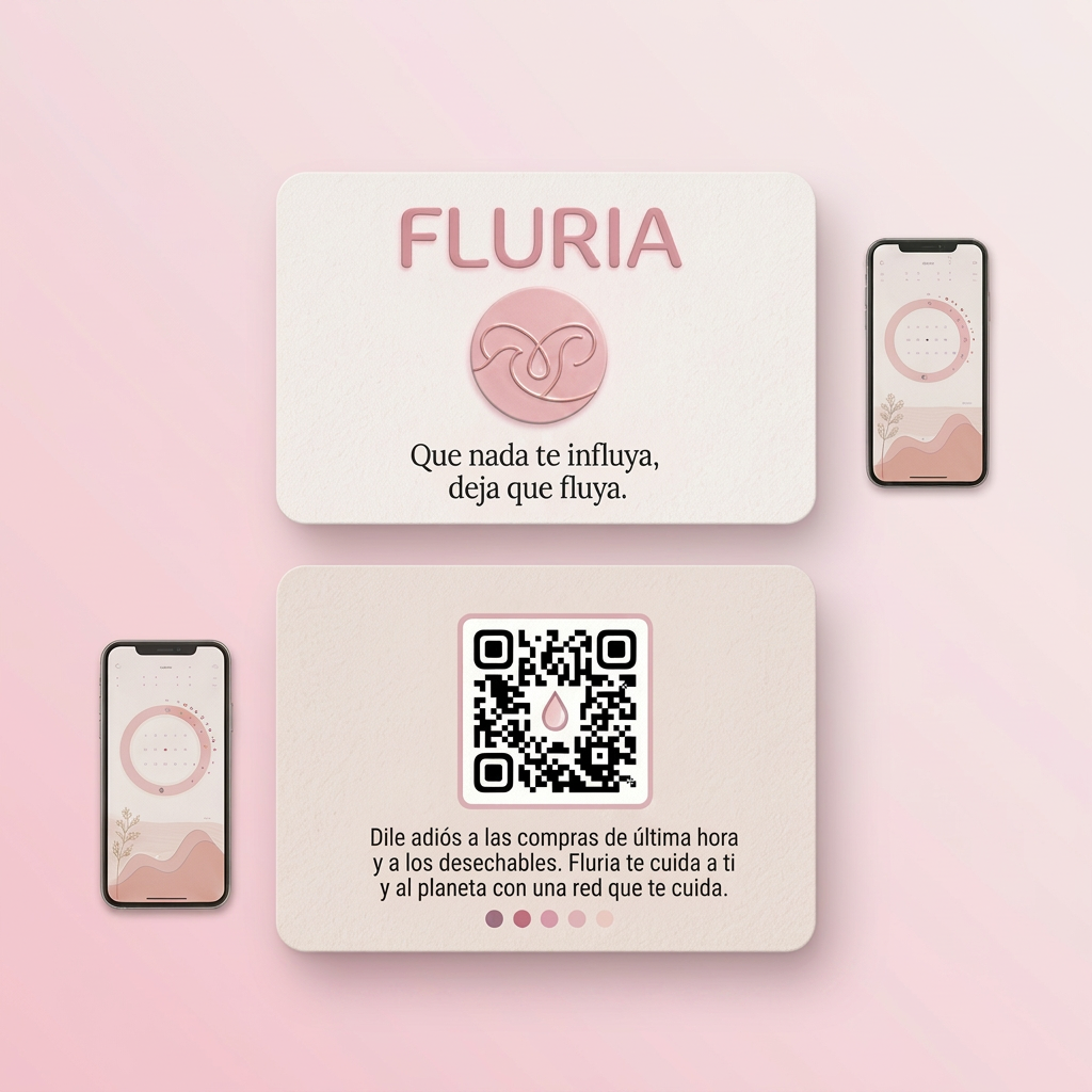 AI Design for Necesito crear una tarjeta de visita o un folleto para promocionar la marca de Fluria a los clientes. Usando los mismos colores que usamos para la interfás de la aplicación y el logo. La tarjeta debe incluir el logo, el eslogan y una estetica sencilla y agradable a la vista de las clientas. La tarjeta debe de incluir por la parte delantera el logo de la marca, el nombre y el eslogan, y por la parte trasera un codigo QR que lleve directo a la pagina del negocio, lo que hace la empresa "Dile adiós a las compras de última hora y a los desechables. Fluria te cuida a ti y al planeta con una red que te cuida". En formato horizontal. (85mmx55mm). Sin los colores usados en la tarjeta