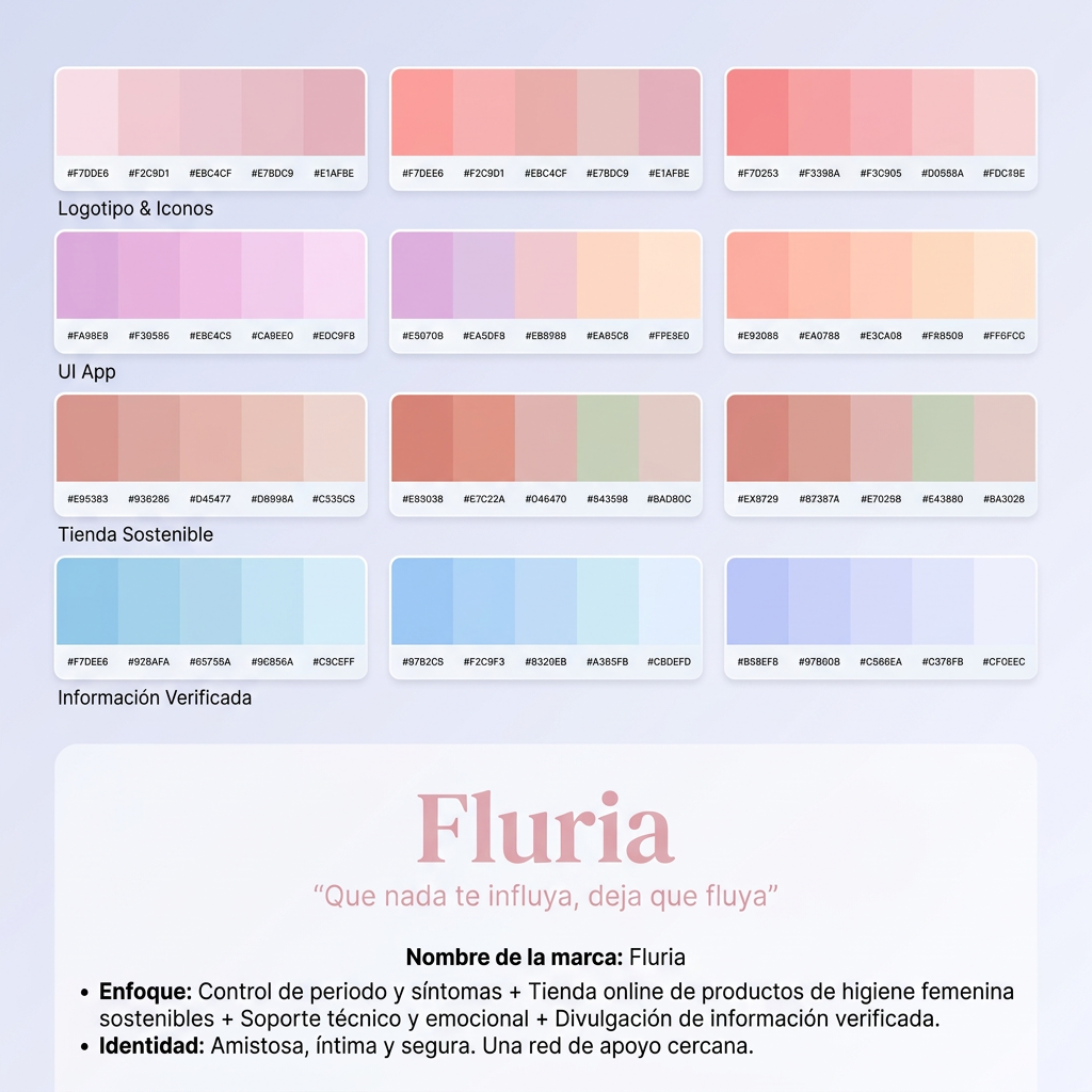 AI Design for Nombre de la marca: Fluria / Enfoque: Principalmente Fluria es una aplicacion que ayuda a las mujeres y personas mentruantes a controlar registrar su periodo y sus sintomas pero para diferenciarse de las demas aplicacions del mercado tambien es unatienda online de productos de hgiene femenina sostenibles y un sistema donde proporviona a las usuarias soporte tecnico y emocional ademas de un sistema que ayuda a compartir y divulgar informacion verificada sobre el cuerpo femenino para combatir la desinformacion / Eslogan: Que nadate influya deja que fluya" / Identidad de la marca: Amistosa , intma y segura, crea la sesacion de ser una red de apoyo cercana y un soporte para vivir la mentruacin y lo que eso conlleva con naturalidad. / Paleta de colores para el logotpo y la marca: paleta de todos pastel tirando a claros para dar sensacio de feminidad confiana