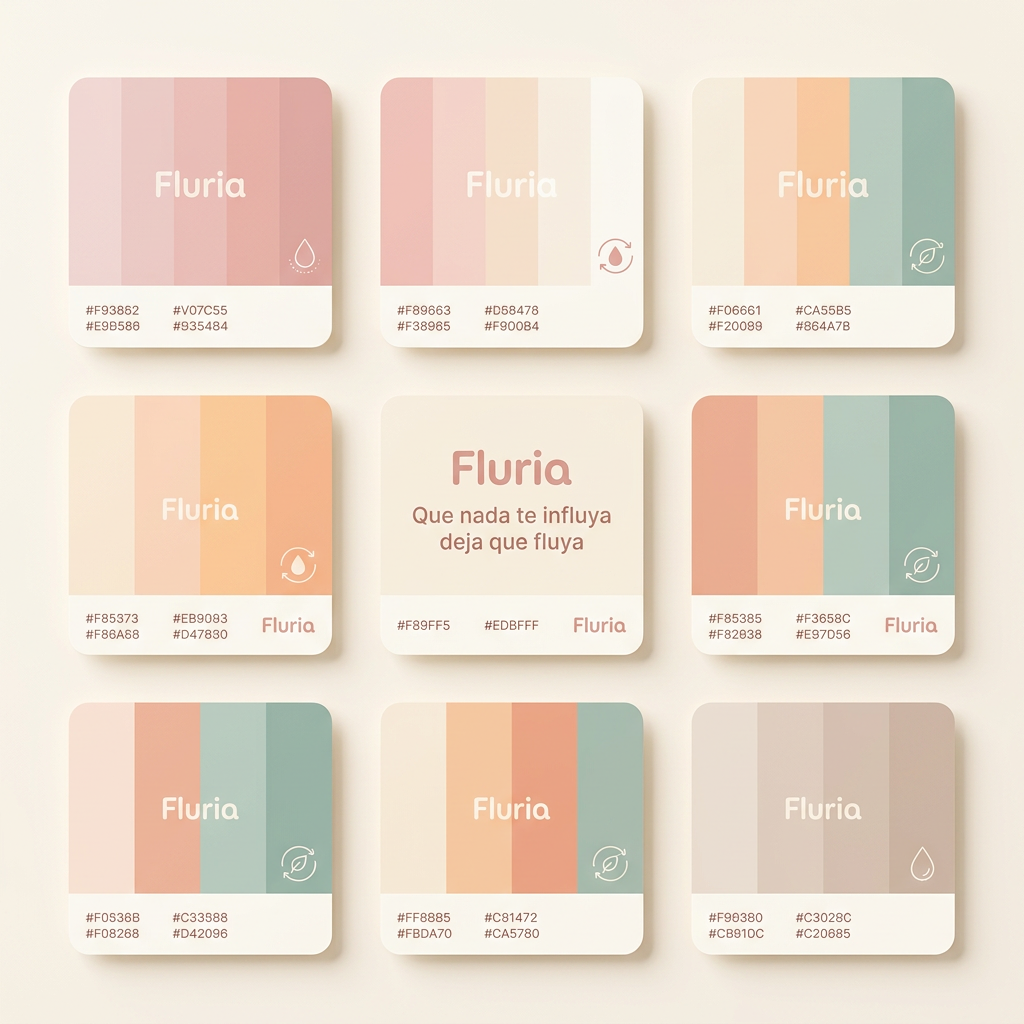 AI Design for Nombre de la marca: Fluria / Enfoque: Principalmente Fluria es una aplicacion que ayuda a las mujeres y personas mentruantes a controlar registrar su periodo y sus sintomas pero para diferenciarse de las demas aplicacions del mercado tambien es unatienda online de productos de hgiene femenina sostenibles y un sistema donde proporviona a las usuarias soporte tecnico y emocional ademas de un sistema que ayuda a compartir y divulgar informacion verificada sobre el cuerpo femenino para combatir la desinformacion / Eslogan: Que nadate influya deja que fluya" / Identidad de la marca: Amistosa , intma y segura, crea la sesacion de ser una red de apoyo cercana y un soporte para vivir la mentruacin y lo que eso conlleva con naturalidad. / Paleta de colores para el logotpo y la marca: paleta de todos pastel tirando a claros para dar sensacio de feminidad confiana, todo mezclado con blanco crema