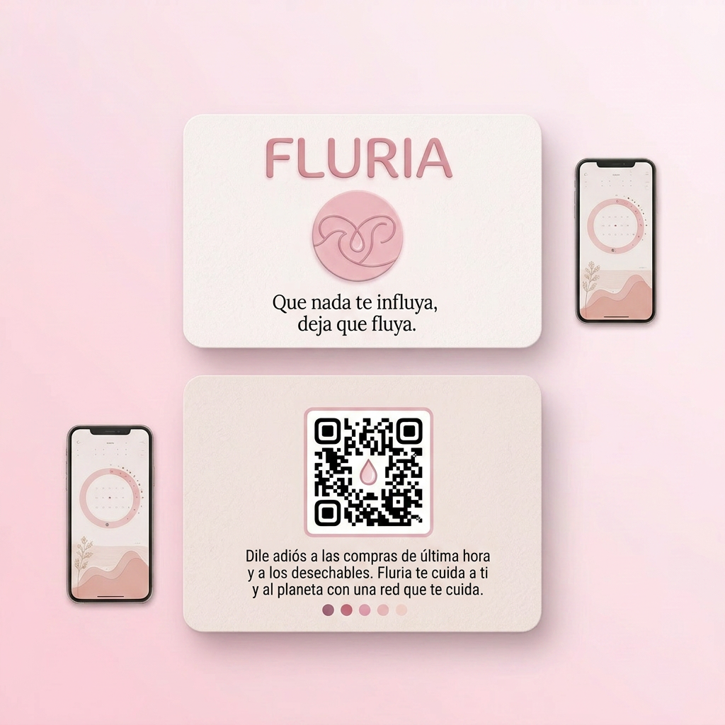 AI Design for Necesito crear una tarjeta de visita o un folleto para promocionar la marca de Fluria a los clientes. Usando los mismos colores que usamos para la interfás de la aplicación y el logo. La tarjeta debe incluir el logo, el eslogan y una estetica sencilla y agradable a la vista de las clientas. La tarjeta debe de incluir por la parte delantera el logo de la marca, el nombre y el eslogan, y por la parte trasera un codigo QR que lleve directo a la pagina del negocio, lo que hace la empresa "Dile adiós a las compras de última hora y a los desechables. Fluria te cuida a ti y al planeta con una red que te cuida". En formato horizontal. (85mmx55mm). Sin los colores usados en la tarjeta
