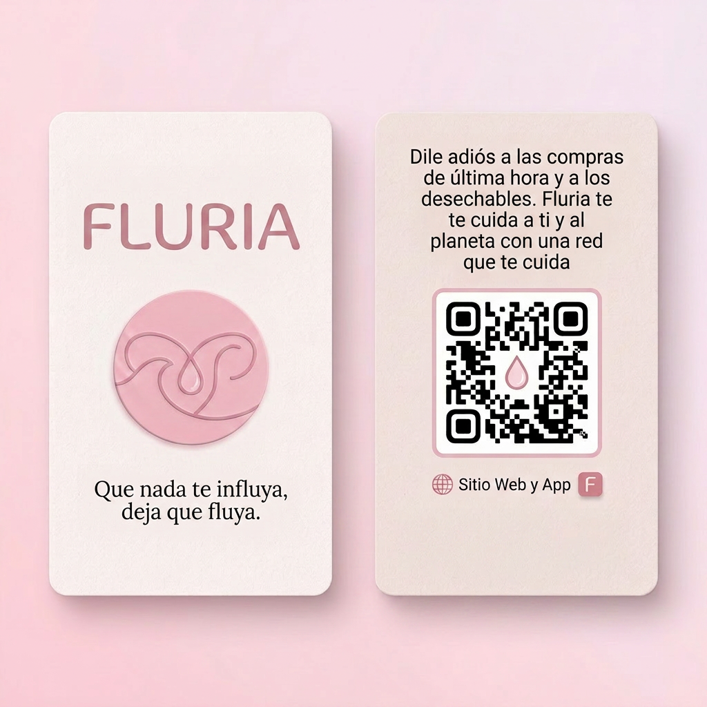 AI Design for Necesito crear una tarjeta de visita o un folleto para promocionar la marca de Fluria a los clientes. Usando los mismos colores que usamos para la interfás de la aplicación y el logo. La tarjeta debe incluir el logo, el eslogan y una estetica sencilla y agradable a la vista de las clientas. La tarjeta debe de incluir por la parte delantera el logo de la marca, el nombre y el eslogan, y por la parte trasera un codigo QR que lleve directo a la pagina del negocio, lo que hace la empresa "Dile adiós a las compras de última hora y a los desechables. Fluria te cuida a ti y al planeta con una red que te cuida". En formato horizontal. (sin los colores de abajo)