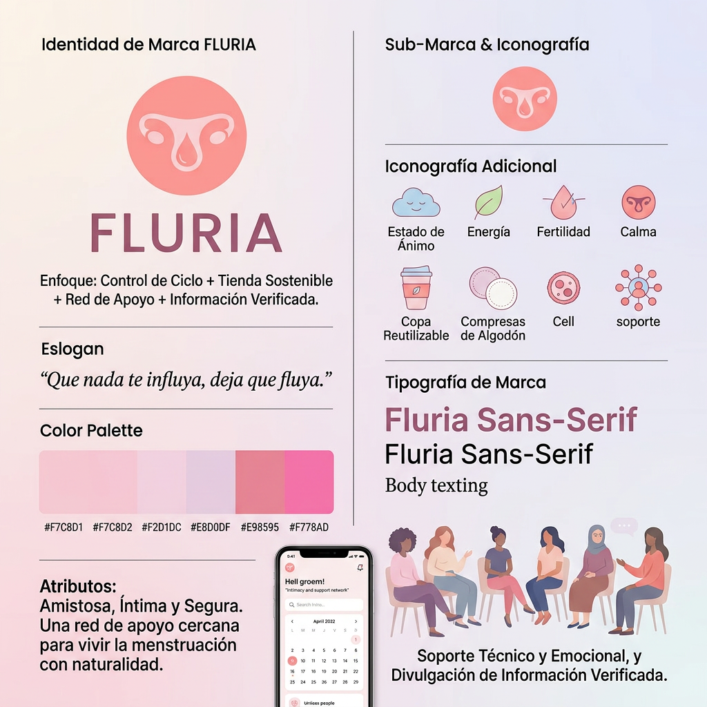 AI Design for Nombre de la marca: Fluria / Enfoque: Principalmente Fluria es una aplicacion que ayuda a las mujeres y personas mentruantes a controlar registrar su periodo y sus sintomas pero para diferenciarse de las demas aplicacions del mercado tambien es unatienda online de productos de hgiene femenina sostenibles y un sistema donde proporviona a las usuarias soporte tecnico y emocional ademas de un sistema que ayuda a compartir y divulgar informacion verificada sobre el cuerpo femenino para combatir la desinformacion / Eslogan: Que nadate influya deja que fluya" / Identidad de la marca: Amistosa , intma y segura, crea la sesacion de ser una red de apoyo cercana y un soporte para vivir la mentruacin y lo que eso conlleva con naturalidad. / Paleta de colores para el logotpo y la marca: paleta de tonos rosa pastel frios tirando a claros para dar sensacio de feminidad y confianza / Idea para el logotipo a crear: Un circulo sencillo de color rosa sin subtonos o sombra (plano) con elemntos igual de simplificados, quizas gotas o elementos en cursiva. Un enfoque elegante que sea dscreto que n se vea tan obvio que es una aplicacion de menstruacion en la pantalla de las usuarias.