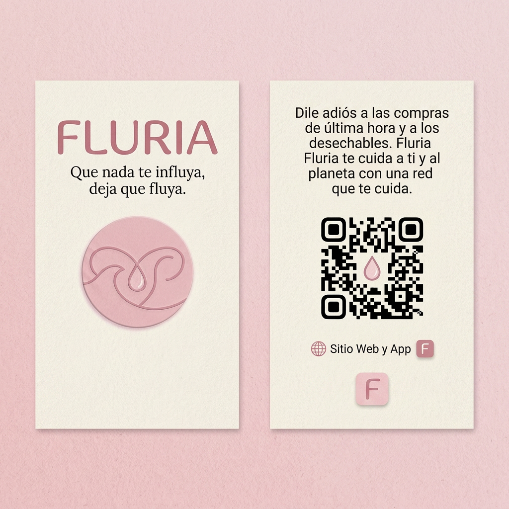 AI Design for Necesito crear una tarjeta de visita o un folleto para promocionar la marca de Fluria a los clientes. Usando los mismos colores que usamos para la interfás de la aplicación y el logo. La tarjeta debe incluir el logo, el eslogan y una estetica sencilla y agradable a la vista de las clientas. La tarjeta debe de incluir por la parte delantera el logo de la marca, el nombre y el eslogan, y por la parte trasera un codigo QR que lleve directo a la pagina del negocio, lo que hace la empresa "Dile adiós a las compras de última hora y a los desechables. Fluria te cuida a ti y al planeta con una red que te cuida". En formato vertical. (sin los colores de abajo)