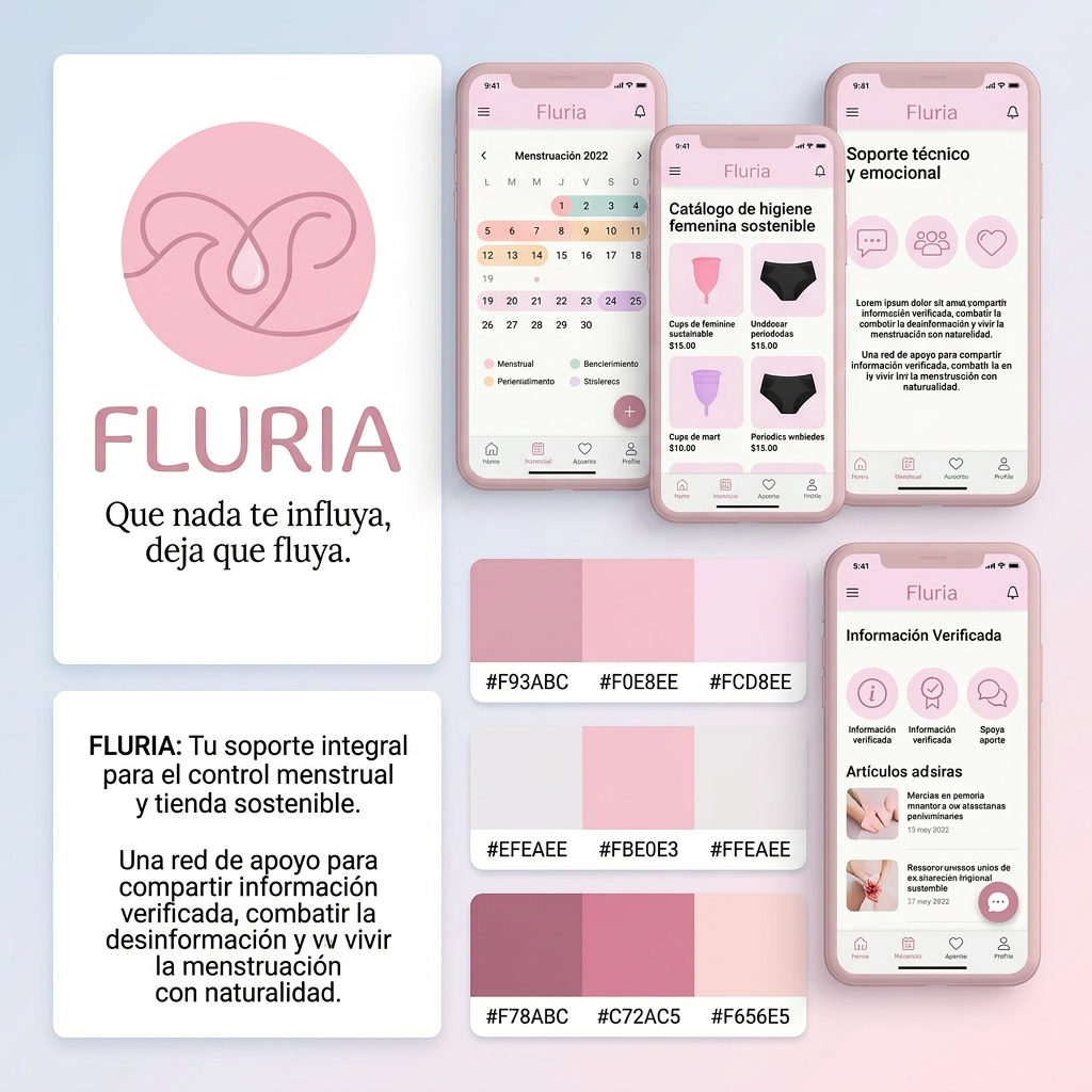 AI Design for Nombre de la marca: Fluria / Enfoque: Principalmente Fluria es una aplicacion que ayuda a las mujeres y personas mentruantes a controlar registrar su periodo y sus sintomas pero para diferenciarse de las demas aplicacions del mercado tambien es unatienda online de productos de hgiene femenina sostenibles y un sistema donde proporviona a las usuarias soporte tecnico y emocional ademas de un sistema que ayuda a compartir y divulgar informacion verificada sobre el cuerpo femenino para combatir la desinformacion / Eslogan: Que nadate influya deja que fluya" / Identidad de la marca: Amistosa , intma y segura, crea la sesacion de ser una red de apoyo cercana y un soporte para vivir la mentruacin y lo que eso conlleva con naturalidad. / Paleta de colores para el logotpo y la marca: paleta de tonos rosa pastel frios tirando a claros para dar sensacio de feminidad y confianza / Idea para el logotipo a crear: Un circulo sencillo de color rosa sin subtonos o sombra (plano) con elemntos igual de simplificados, quizas gotas o elementos en cursiva. Un enfoque elegante que sea dscreto que n se vea tan obvio que es una aplicacion de menstruacion en la pantalla de las usuarias.
