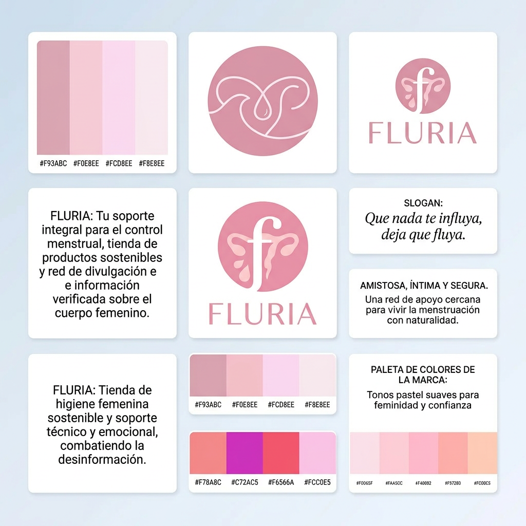AI Design for Nombre de la marca: Fluria / Enfoque: Principalmente Fluria es una aplicacion que ayuda a las mujeres y personas mentruantes a controlar registrar su periodo y sus sintomas pero para diferenciarse de las demas aplicacions del mercado tambien es unatienda online de productos de hgiene femenina sostenibles y un sistema donde proporviona a las usuarias soporte tecnico y emocional ademas de un sistema que ayuda a compartir y divulgar informacion verificada sobre el cuerpo femenino para combatir la desinformacion / Eslogan: Que nadate influya deja que fluya" / Identidad de la marca: Amistosa , intma y segura, crea la sesacion de ser una red de apoyo cercana y un soporte para vivir la mentruacin y lo que eso conlleva con naturalidad. / Paleta de colores para el logotpo y la marca: paleta de tonos rosa pastel frios tirando a claros para dar sensacio de feminidad y confianza / Idea para el logotipo a crear: Un circulo sencillo de color rosa sin subtonos o sombra (plano) con elemntos igual de simplificados, quizas gotas o elementos en cursiva. Un enfoque elegante que sea dscreto que n se vea tan obvio que es una aplicacion de menstruacion en la pantalla de las usuarias.