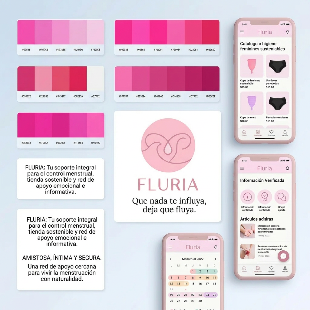 AI Design for Nombre de la marca: Fluria / Enfoque: Principalmente Fluria es una aplicacion que ayuda a las mujeres y personas mentruantes a controlar registrar su periodo y sus sintomas pero para diferenciarse de las demas aplicacions del mercado tambien es unatienda online de productos de hgiene femenina sostenibles y un sistema donde proporviona a las usuarias soporte tecnico y emocional ademas de un sistema que ayuda a compartir y divulgar informacion verificada sobre el cuerpo femenino para combatir la desinformacion / Eslogan: Que nadate influya deja que fluya" / Identidad de la marca: Amistosa , intma y segura, crea la sesacion de ser una red de apoyo cercana y un soporte para vivir la mentruacin y lo que eso conlleva con naturalidad. / Paleta de colores para el logotpo y la marca: paleta de tonos rosa pastel frios tirando a claros para dar sensacio de feminidad y confianza / Idea para el logotipo a crear: Un circulo sencillo de color rosa sin subtonos o sombra (plano) con elemntos igual de simplificados, quizas gotas o elementos en cursiva. Un enfoque elegante que sea dscreto que n se vea tan obvio que es una aplicacion de menstruacion en la pantalla de las usuarias.