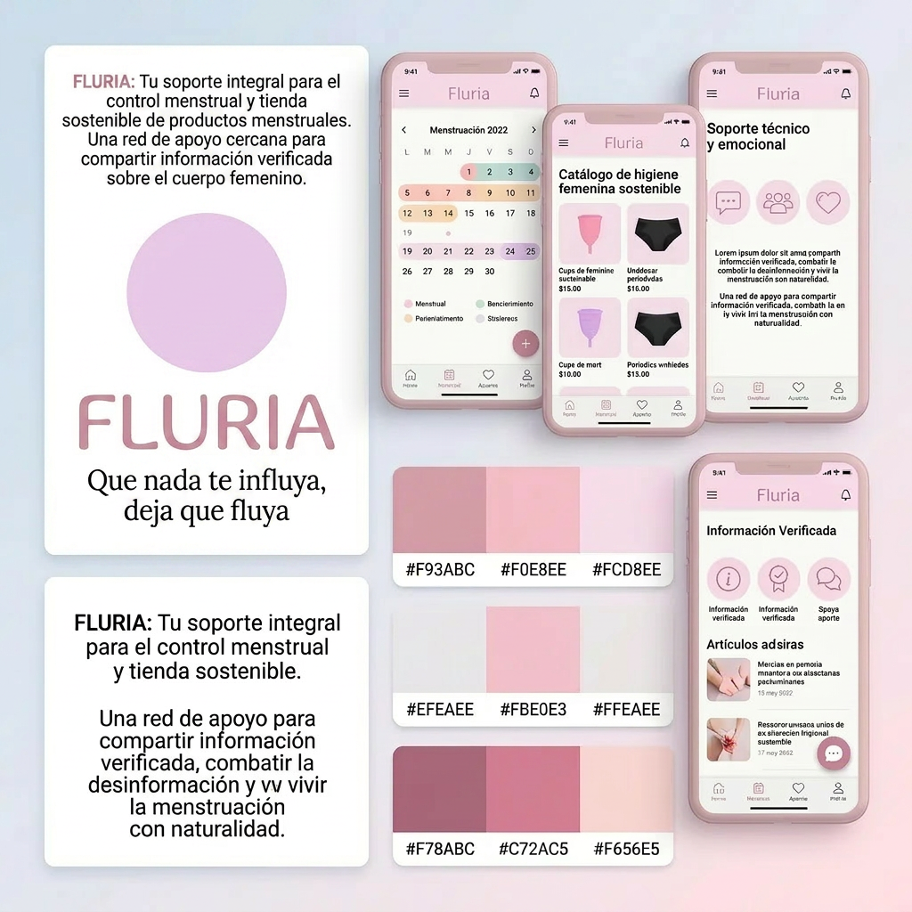 AI Design for Nombre de la marca: Fluria / Enfoque: Principalmente Fluria es una aplicacion que ayuda a las mujeres y personas mentruantes a controlar registrar su periodo y sus sintomas pero para diferenciarse de las demas aplicacions del mercado tambien es unatienda online de productos de hgiene femenina sostenibles y un sistema donde proporviona a las usuarias soporte tecnico y emocional ademas de un sistema que ayuda a compartir y divulgar informacion verificada sobre el cuerpo femenino para combatir la desinformacion / Eslogan: Que nadate influya deja que fluya" / Identidad de la marca: Amistosa , intma y segura, crea la sesacion de ser una red de apoyo cercana y un soporte para vivir la mentruacin y lo que eso conlleva con naturalidad. / Paleta de colores para el logotpo y la marca: paleta de tonos rosa pastel frios tirando a claros para dar sensacio de feminidad y confianza / Idea para el logotipo a crear: Un circulo sencillo de color rosa sin subtonos o sombra (plano) con elemntos igual de simplificados, quizas gotas o elementos en cursiva. Un enfoque elegante que sea dscreto que n se vea tan obvio que es una aplicacion de menstruacion en la pantalla de las usuarias. / Prototipo de interfaz: Una interfaz limpia y muy muybintuitiva en tonos pastel , la pantalla pricipal con el calendario y registro de sintomas, otro apartado para tienda y producto,un apartado para os articulos de divulgacon y otro para el regstro perdonal