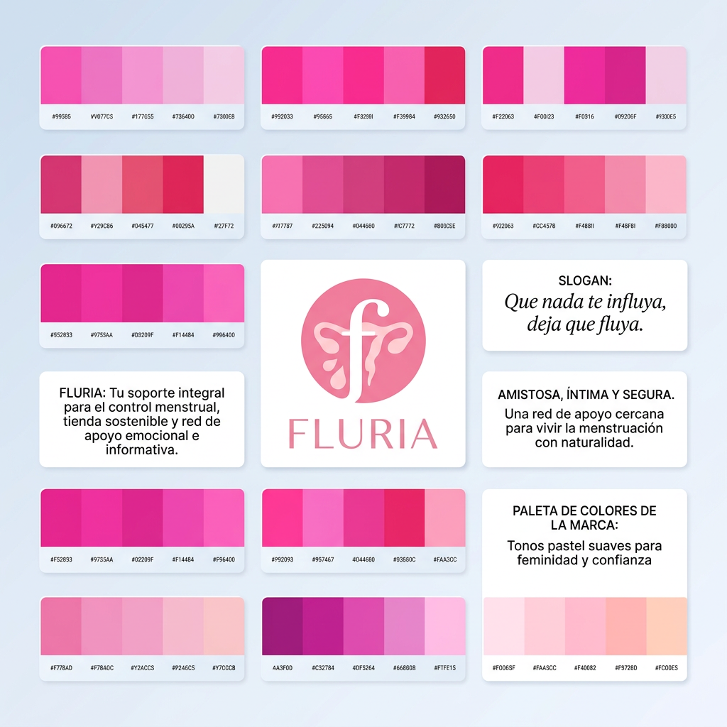 AI Design for Nombre de la marca: Fluria / Enfoque: Principalmente Fluria es una aplicacion que ayuda a las mujeres y personas mentruantes a controlar registrar su periodo y sus sintomas pero para diferenciarse de las demas aplicacions del mercado tambien es unatienda online de productos de hgiene femenina sostenibles y un sistema donde proporviona a las usuarias soporte tecnico y emocional ademas de un sistema que ayuda a compartir y divulgar informacion verificada sobre el cuerpo femenino para combatir la desinformacion / Eslogan: Que nadate influya deja que fluya" / Identidad de la marca: Amistosa , intma y segura, crea la sesacion de ser una red de apoyo cercana y un soporte para vivir la mentruacin y lo que eso conlleva con naturalidad. / Paleta de colores para el logotpo y la marca: paleta de todos pastel tirando a claros para dar sensacio de feminidad confiana / Idea para el logotipo a crear: Un circulo sencillo de color rosa sin subtonos o sombra (plano) con elemntos igual de simplificados, quizas gotas o alguna manera ingeniosa de incluir la foma del utero sin que se vea obvio. Un enfoque elegante que sea dscreto que n se vea tan obvio que es una aplicacion de menstruacion en la pantalla de las usuarias