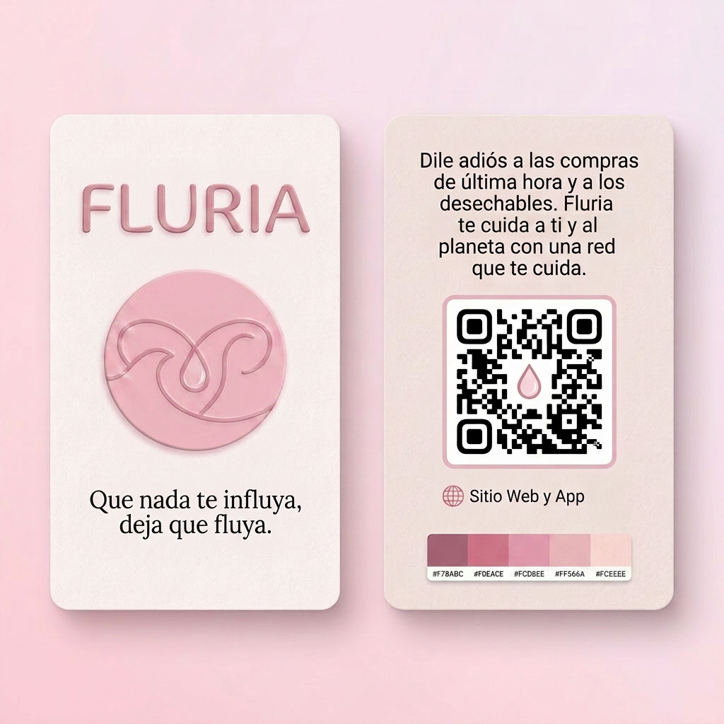 AI Design for Necesito crear una tarjeta de visita o un folleto para promocionar la marca de Fluria a los clientes. Usando los mismos colores que usamos para la interfás de la aplicación y el logo. La tarjeta debe incluir el logo, el eslogan y una estetica sencilla y agradable a la vista de las clientas. La tarjeta debe de incluir por la parte delantera el logo de la marca, el nombre y el eslogan, y por la parte trasera un codigo QR que lleve directo a la pagina del negocio, lo que hace la empresa "Dile adiós a las compras de última hora y a los desechables. Fluria te cuida a ti y al planeta con una red que te cuida". En formato horizontal. (85mmx55mm)