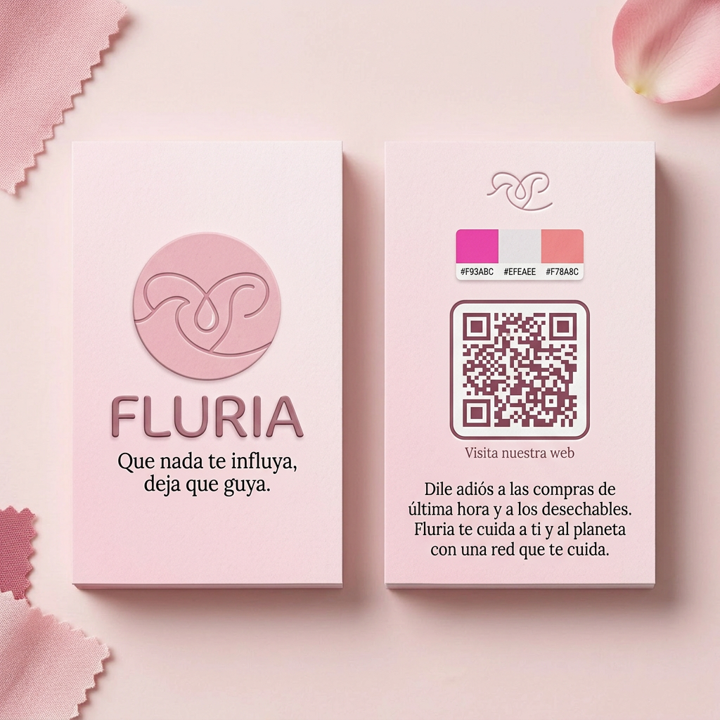 AI Design for Necesito crear una tarjeta de visita o un folleto para promocionar la marca de Fluria a los clientes. Usando la misma paleta de colores que usamos para la interfás de la aplicación y el logo. La tarjeta debe incluir el logo, el eslogan y una estetica sencilla y agradable a la vista de las clientas. La tarjeta debe de incluir por la parte delantera el logo de la marca, el nombre y el eslogan, y por la parte trasera un codigo QR que lleve directo a la pagina del negocio, lo que hace la empresa "Dile adiós a las compras de última hora y a los desechables. Fluria te cuida a ti y al planeta con una red que te cuida"
